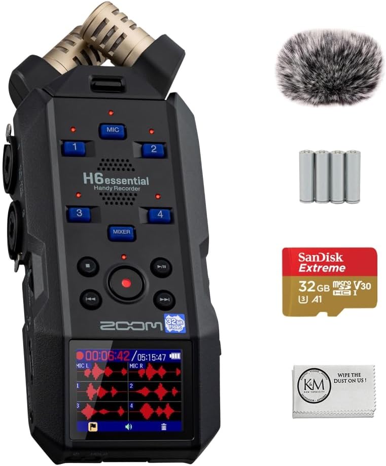 Zoom H6essential 6-Track 32-Bit Float Portable Audio Recorder Bundled with 32GB Micro-SD Card + Furry Wind Screen + 4 x AA Batteries + Cleaning Cloth (5 Items)