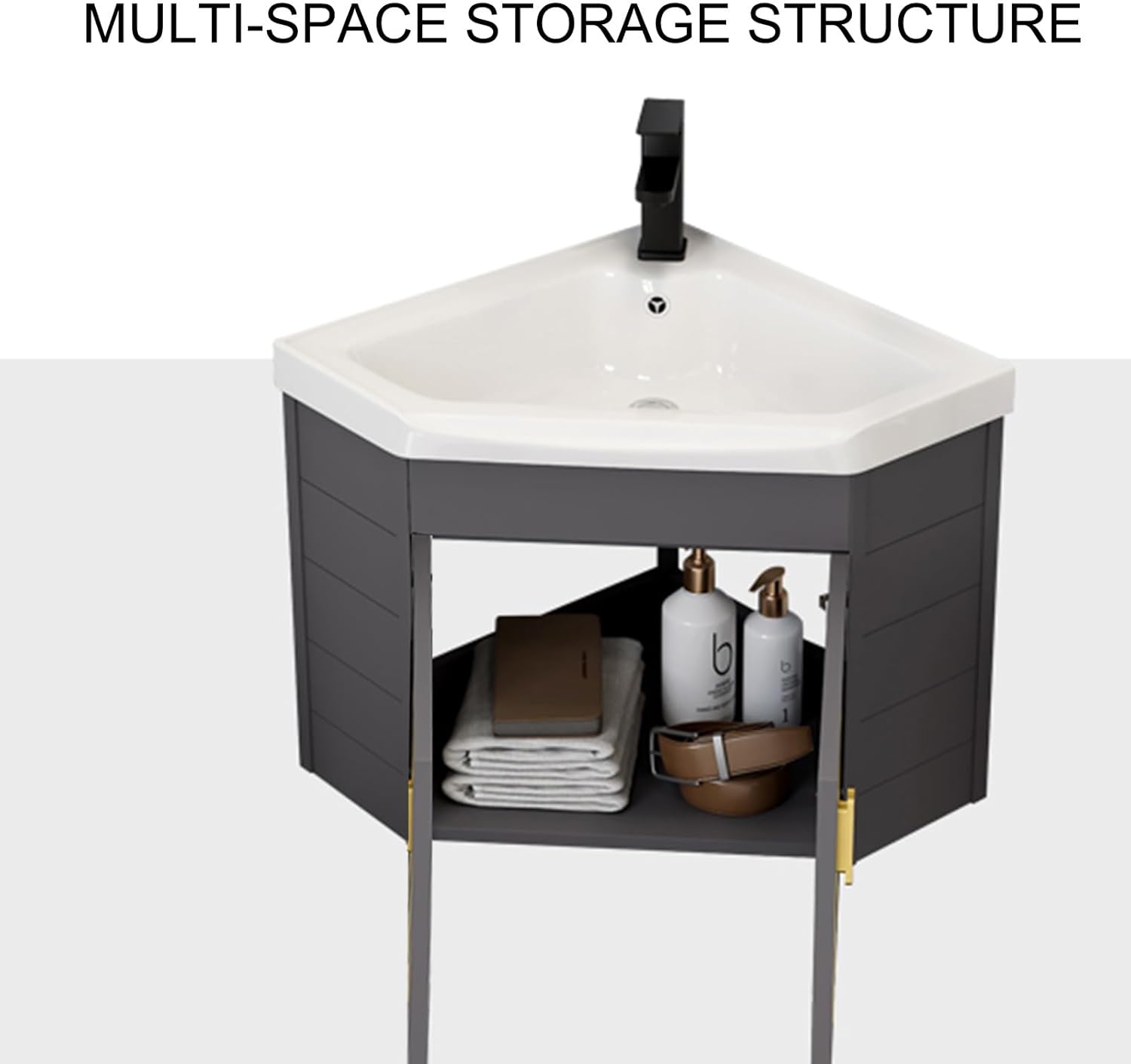 Bathroom Vanity Cabinet,Small Wall Mount Corner Sink,Bathroom Vanity w/Rock Board Top,Bathroom Ceramic Triangle Wall Mounted Mini Vanity Space Sink with Soft-Close System and Black Faucet(Gray)