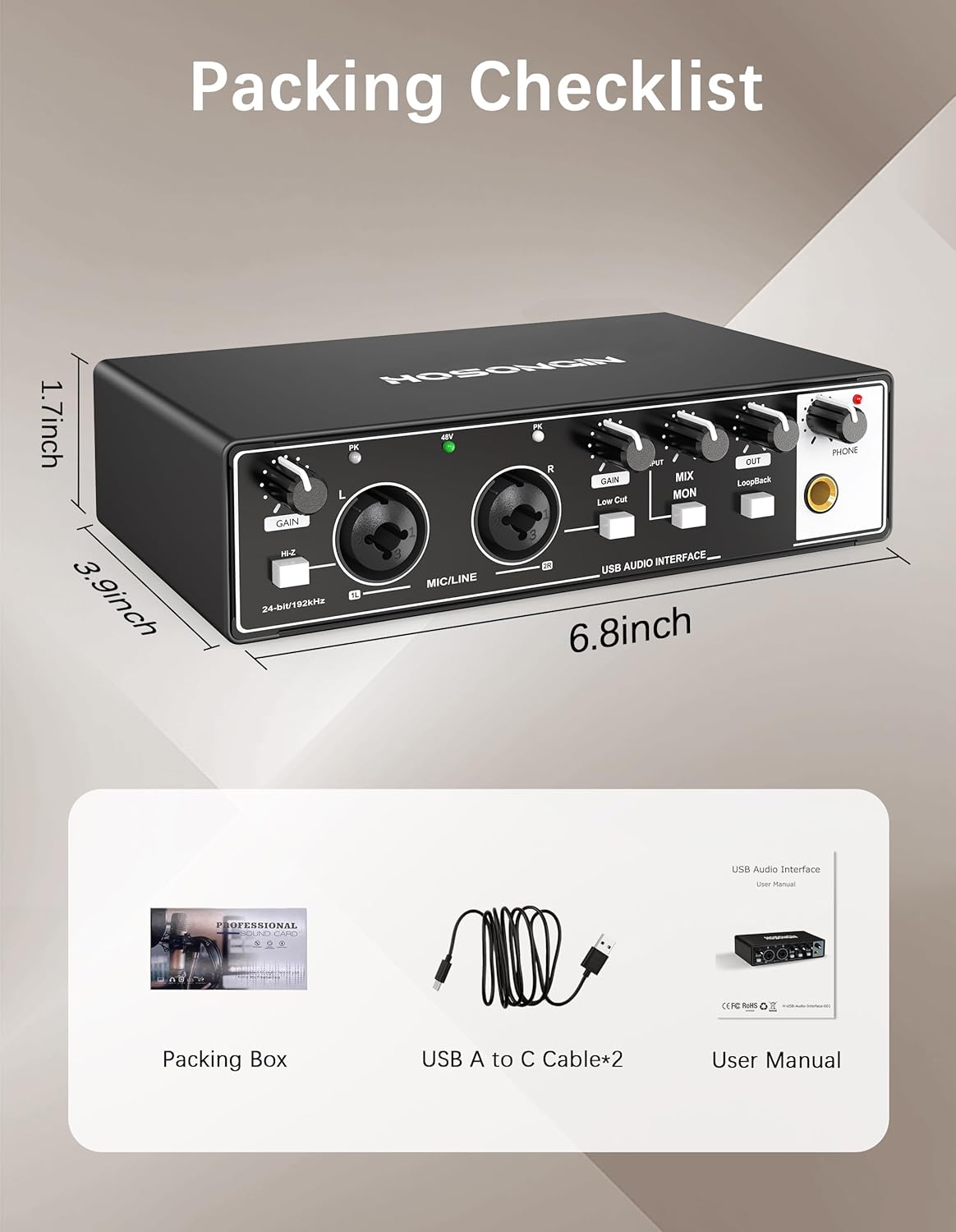 HOSONGIN USB Audio Interface for Beginners - 24Bit/192kHz, 48V Phantom Power, Plug & Play Recording for Podcast/Vocals/Guitar/Youtube, PC/Mac/iOS Compatible (Black Metal)