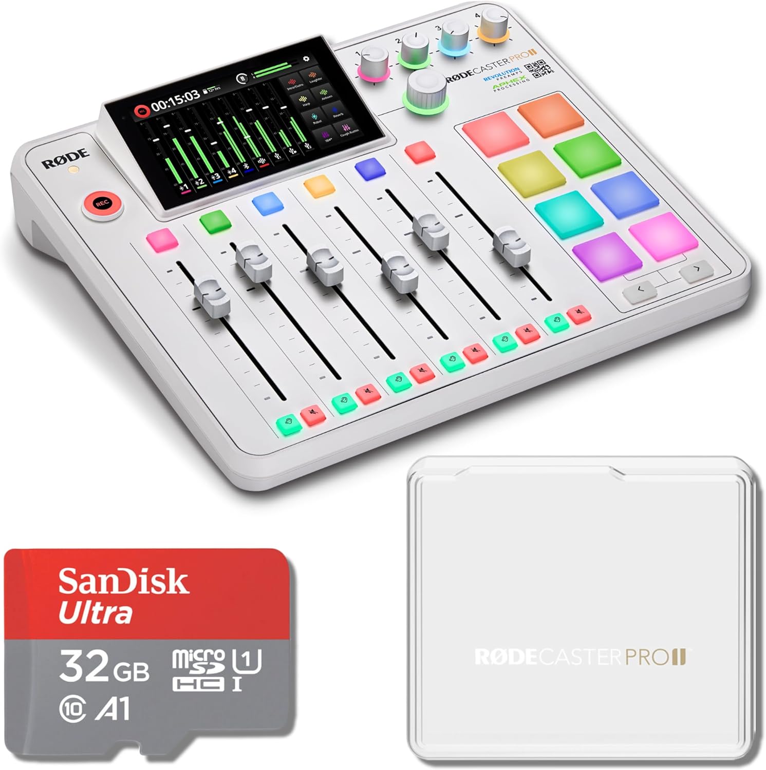 Rode RODECaster Pro II Podcast Production Console (White) with Rode RODECover Dust Cover and 32GB microSD Card