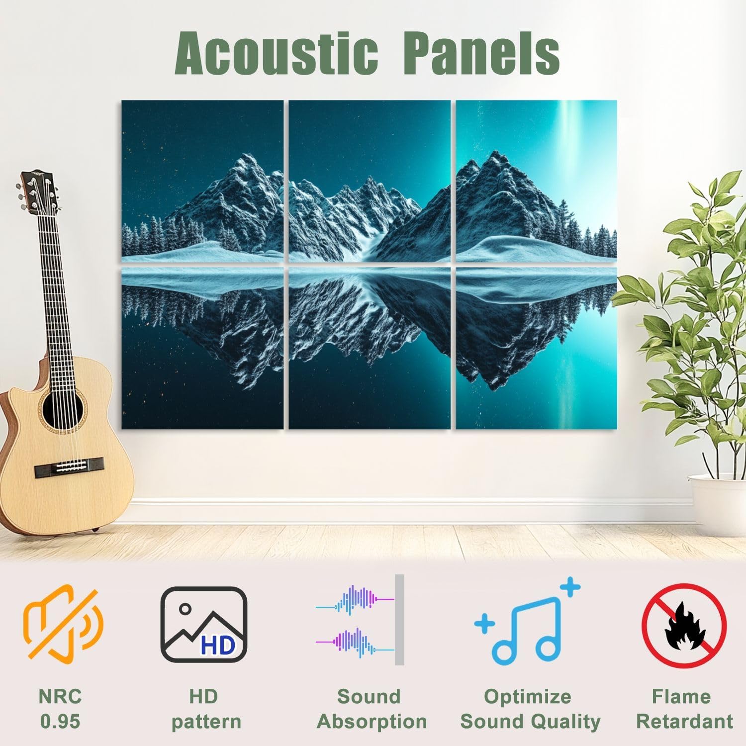 6 Pack Art Acoustic Panels Sound Absorbing Scenery Snowy Mountains Symmetrical Reflection Night Sky Pine Trees Decorative Soundproof Wall Panels Self Adhesive for Recording Studios Office 72