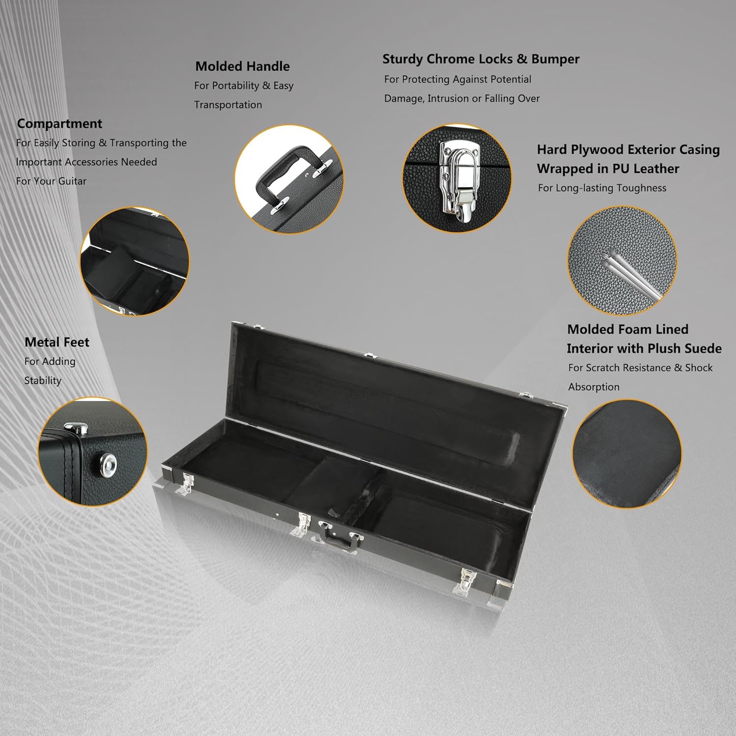 Electric Bass Guitar Hard Case Wooden Hard Shell Black Carrying Case Lockable with Key Square - 48 x 15.4 x 3.5 inches