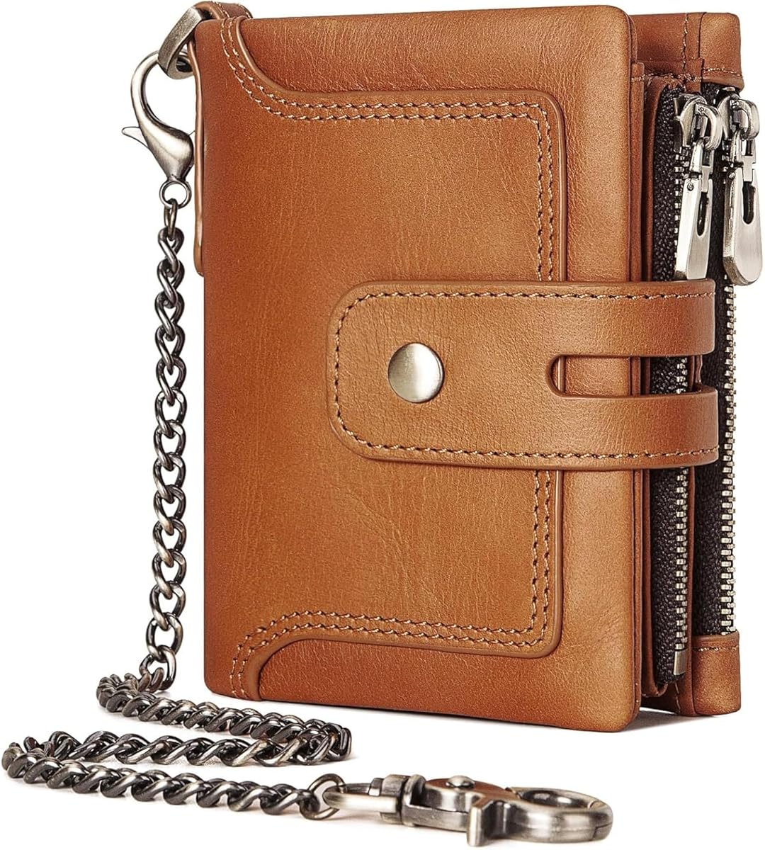 Genuine Leather Wallet for Men with Chain RFID Blocking Bifold Double Zipper Coin Pocket Anti Theft Pickpocket Proof (Brown)