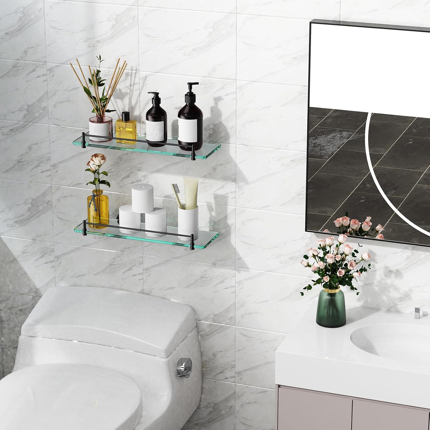 Bathroom Shelf Glass Shelf 2 Pack,16-Inches Floating Glass Shelves Towel Bar/Track(Matte Black)