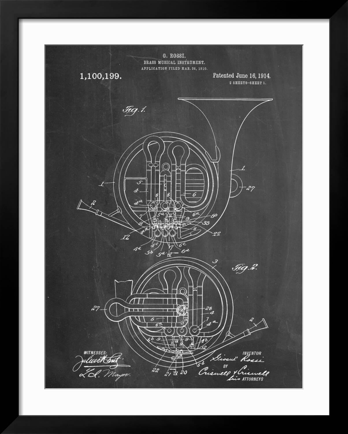ART.COM Wall Art Print French Horn Instrument Patent on Black Frame, 32