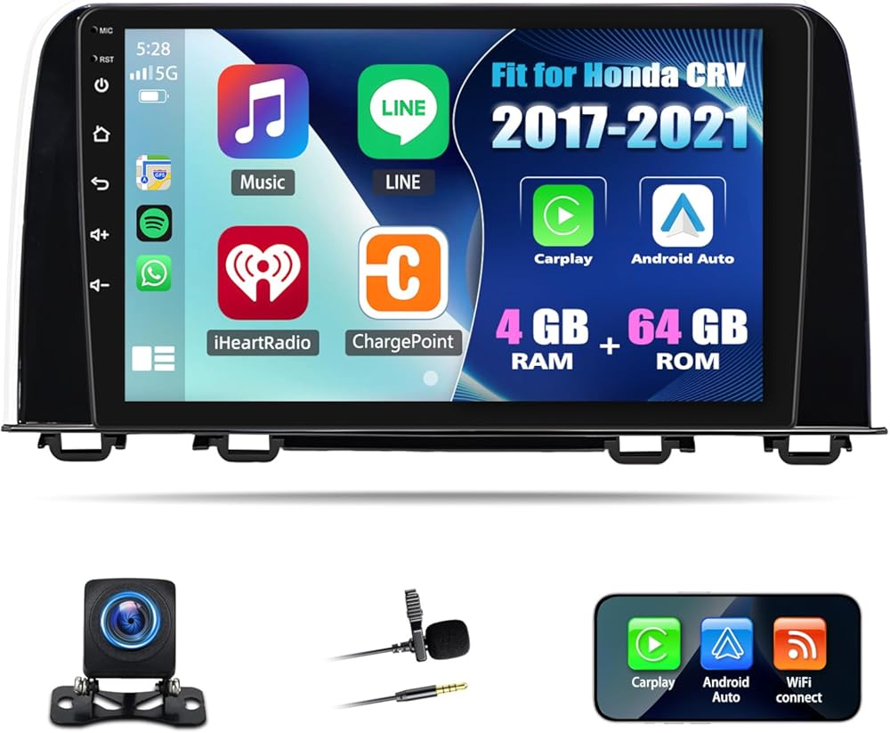 4+64G Android 14 Car Stereo Compatible with Honda CRV 2017-2021 Radio Upgrade 9 Inch Touch Screen with Wireless Carplay Android Auto AHD Backup Camera Mirror Link GPS SWC WiFi FM