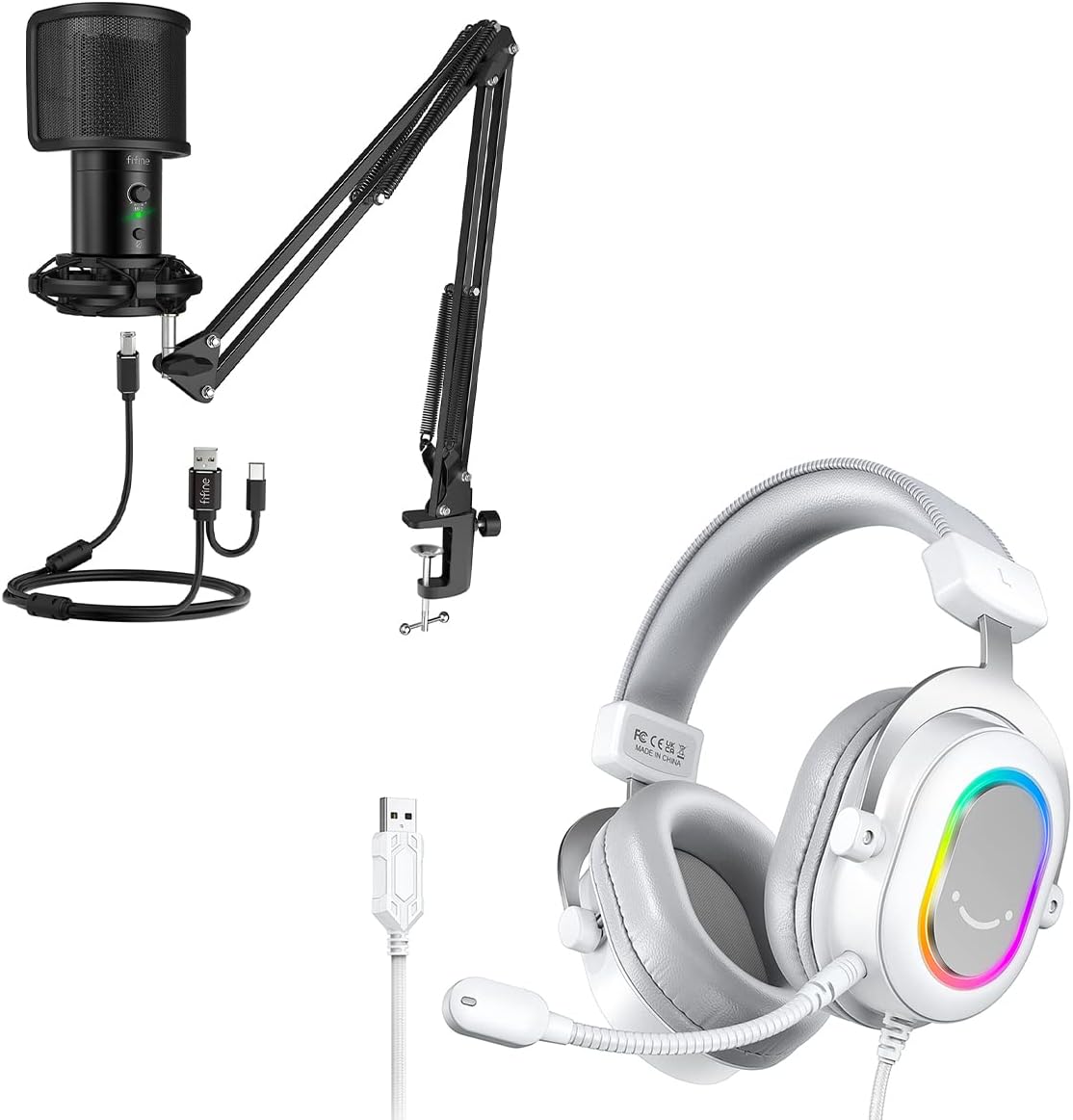 FIFINE USB Microphone and White Gaming Headset, PC Microphone Kit,Mic Set with Mute Button & Gain, Computer USB Headset for Podcast Streaming Recording Twitch Discord YouTube Zoom (T683+H6W)