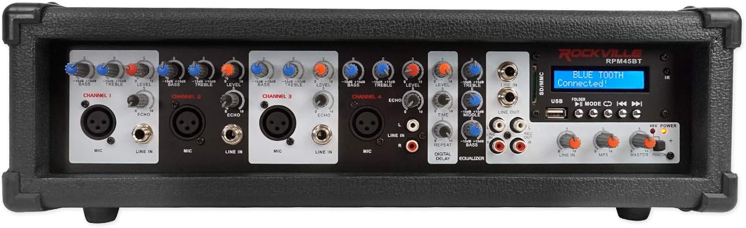 Rockville RPM45BT 1800W Powered 4 Channel Mixer/Amplifier, Bluetooth Streaming, USB Input, EQ, Reverb & Delay Effects, Phantom Power, for Live Sound and Small Events