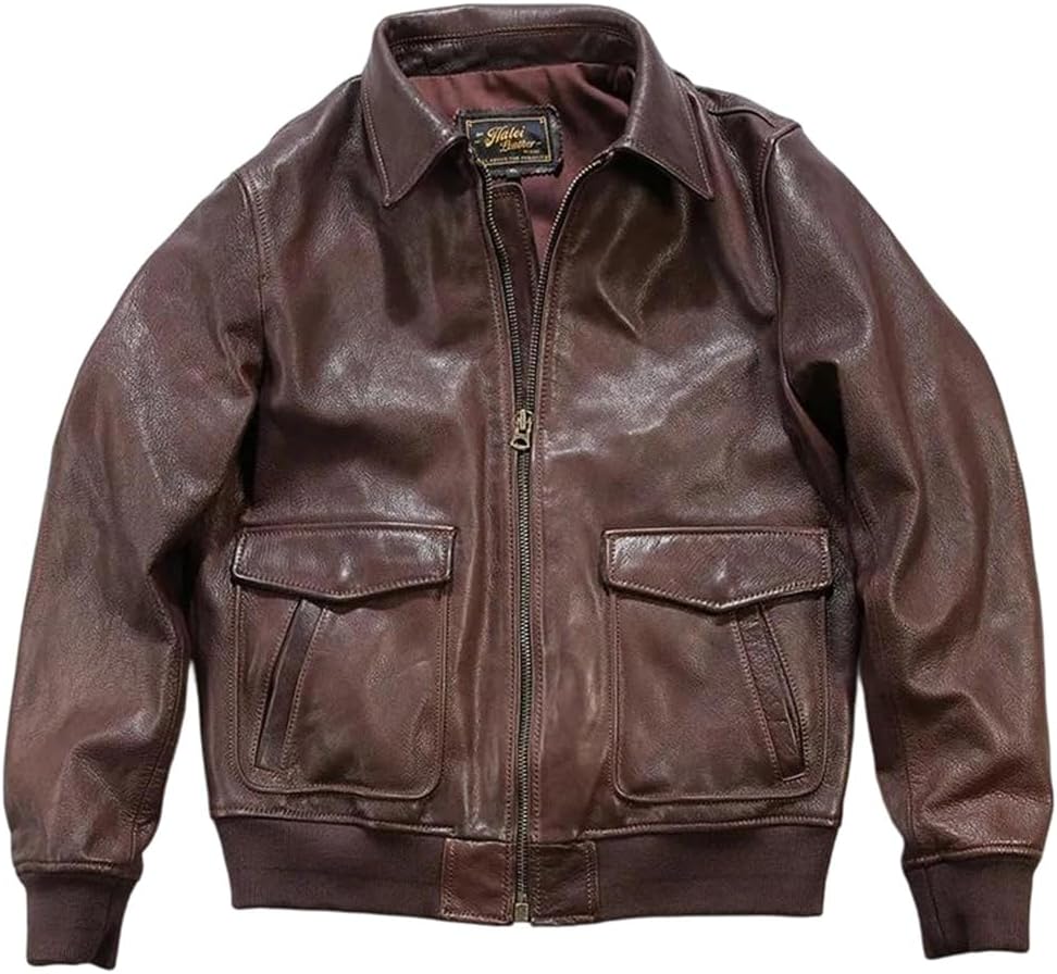 Men Military Style Plus Size Genuine Natural Thick Cowhide Flight Brown Autumn Leather Jacket Coat
