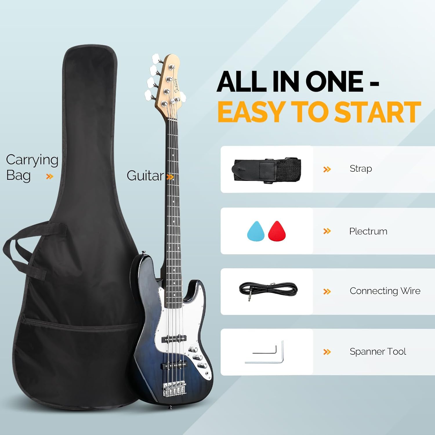 Glarry 5 String Electric Bass Guitar, Full Size Right Handed Rosewood Fretboard Bass Kit with Strap, Cable and Pick (GJazz - Dark Blue)