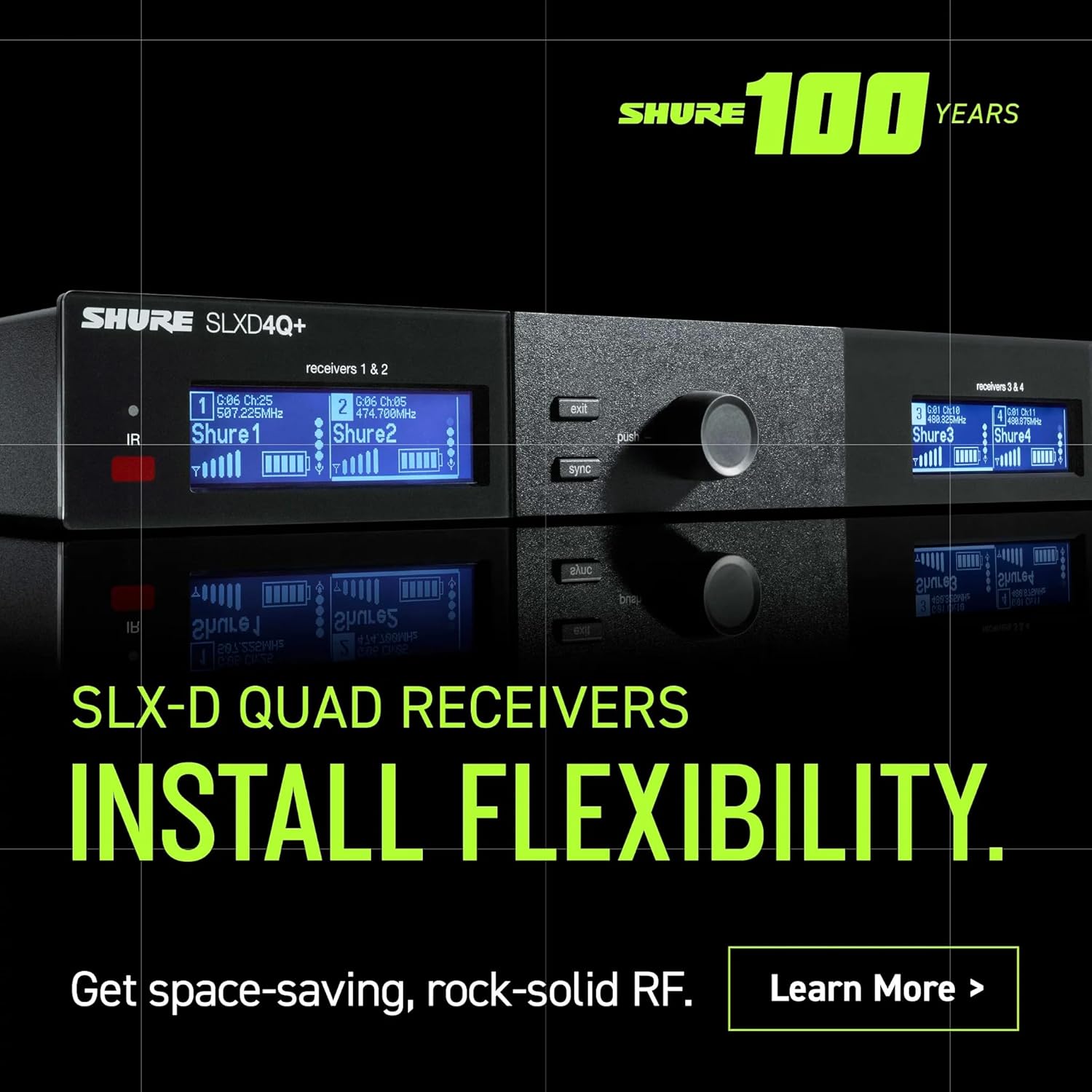 Shure SLX-D Digital Wireless Quad Receiver - 24-Bit Audio, 138MHz Wide Tuning Range, Space-Saving Design for 4 Channels (SLXD4Q+=-G57)