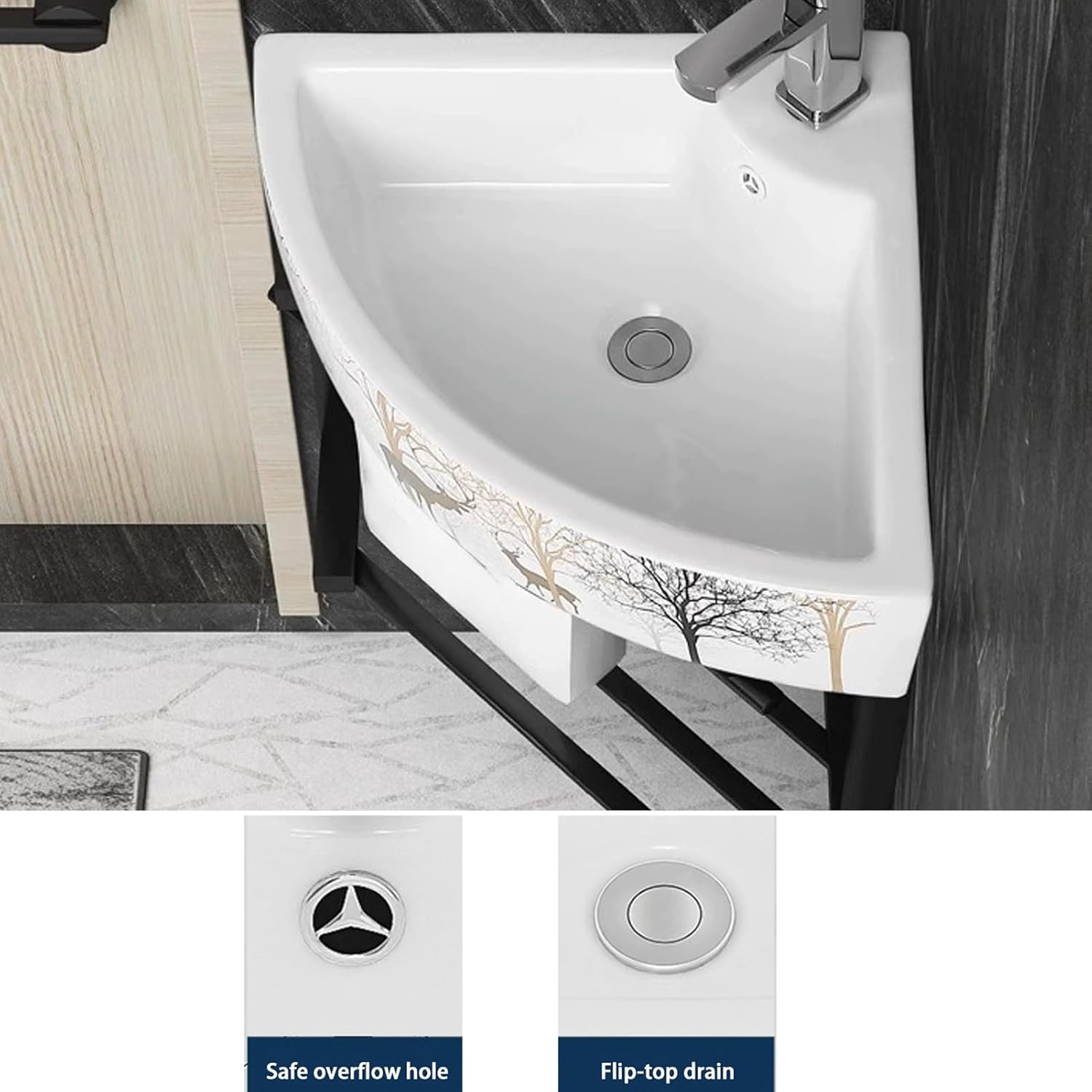 Corner Wall Mount Bathroom Sink, Bathroom Vanities with Towel Bar, Stainless Steel Bracket Ceramic Wash Basin, Vanity Sink for Home Kitchen Patio Laundry Room