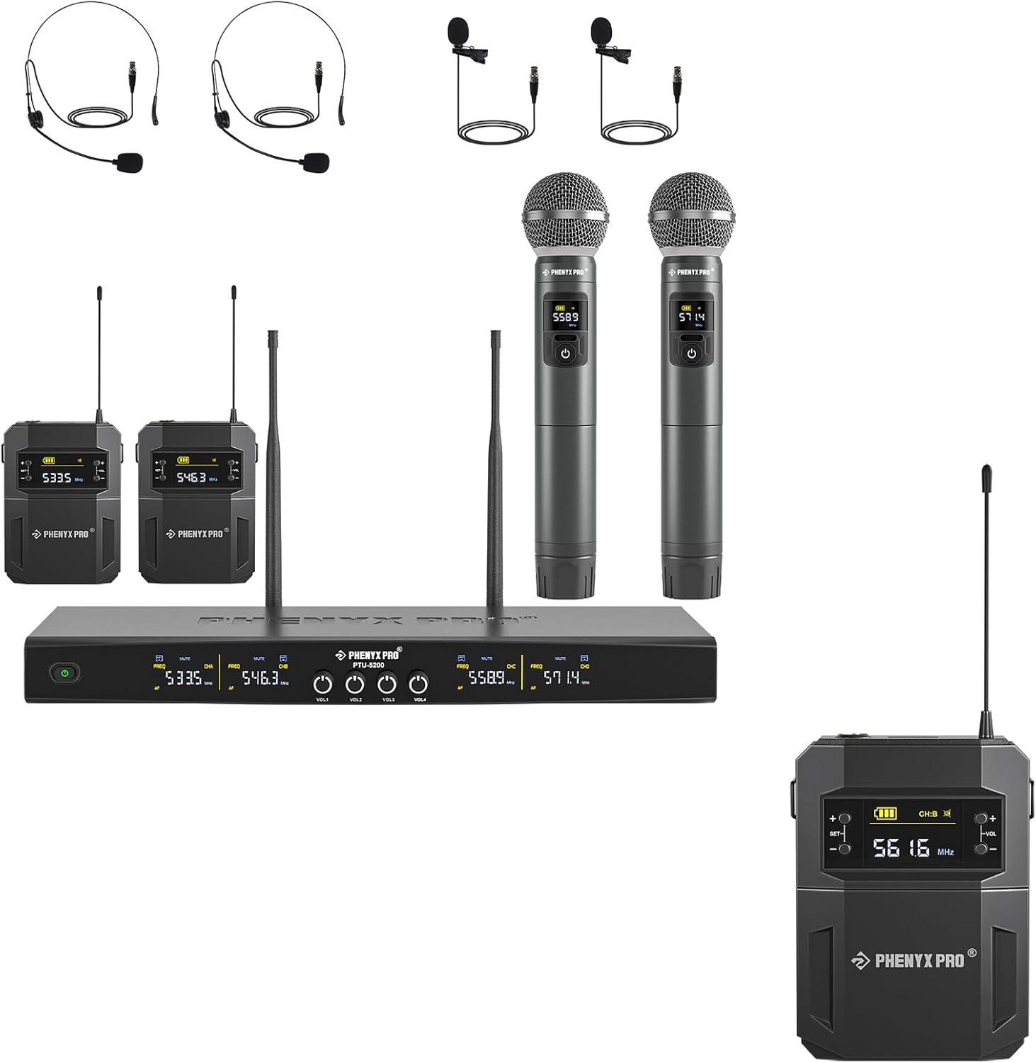Phenyx Pro 4-Channel Wireless Microphone System PTU-5200-2H2B Bundle with UHF BodyPack Transmitter