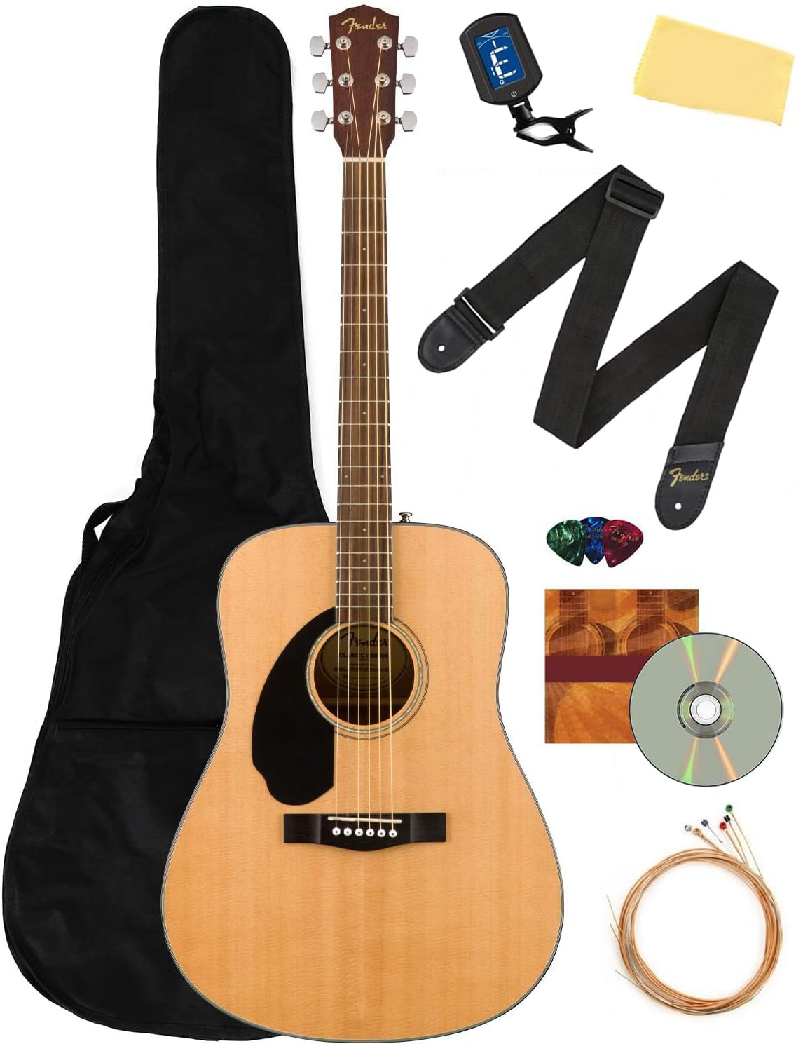 Fender CD-60S Solid Top Dreadnought Acoustic Guitar, Left Handed - Natural Bundle with Gig Bag, Tuner, Strap, Strings, Picks, and Austin Bazaar Instructional DVD