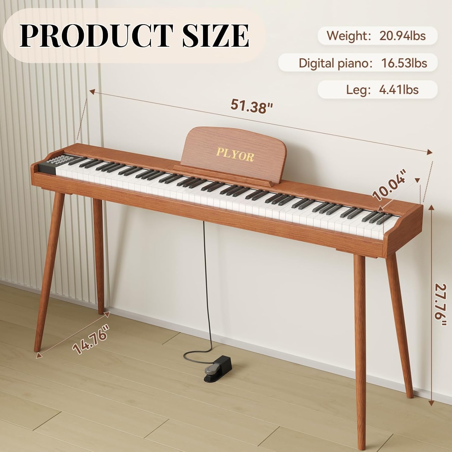 88 Key Digital Piano Keyboard with Stand & Sustain Pedal, Full-Size Semi Weighted Electric Piano for Beginners/Learners, Home Professional Piano with Headphone Jack, MIDI Connectivity, Brown