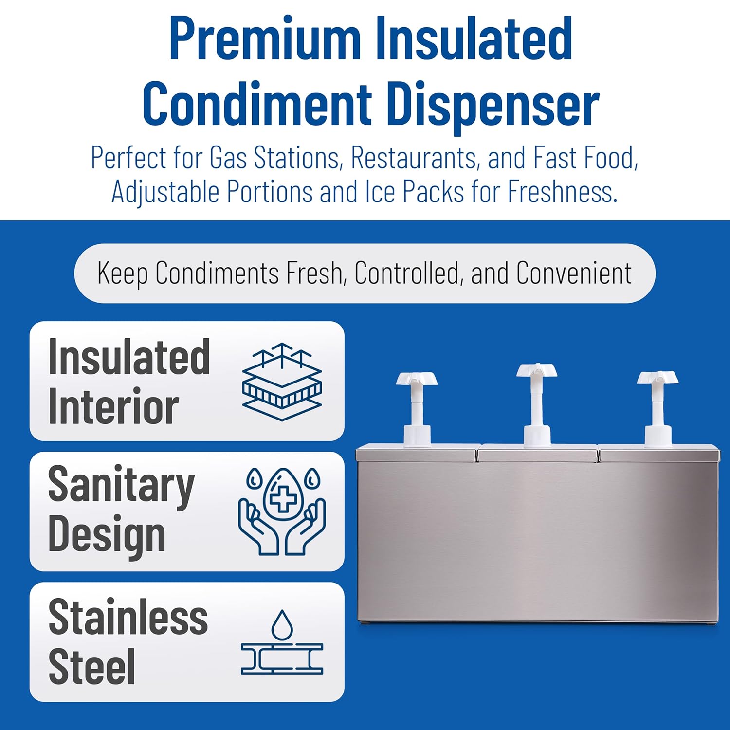 Carlisle FoodService Products Insulated Condiment Rail Condiment Center with 3 Pumps and Ice Packs for Gas Stations, Restaurants, And Fast Food, Stainless Steel, 15.88 x 7.38 x 11 Inches, Silver