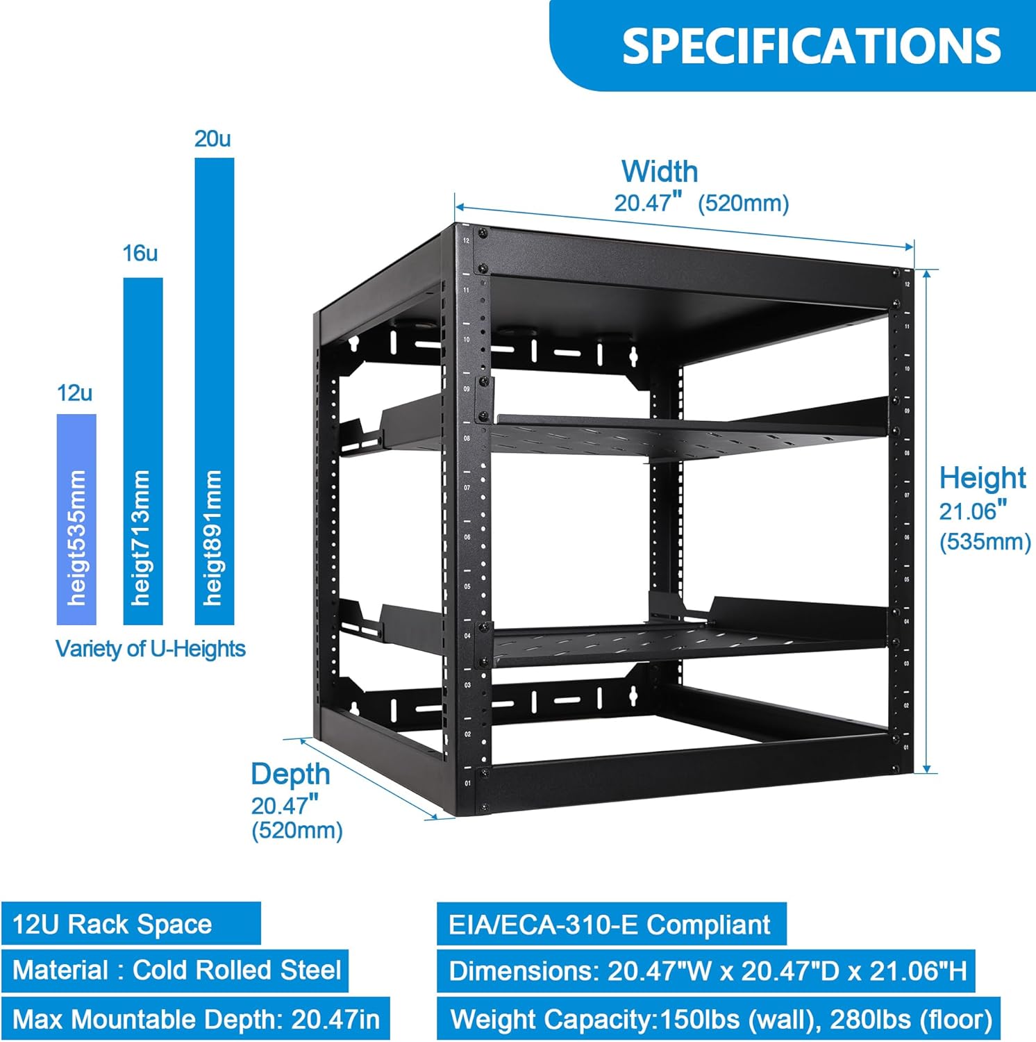 RackPath 12U Open Frame Network Rack with 2X 14in Vented 1U Shelves Rear Support, Wall Mount/Floor Standing Network Cabinet, Heavy Duty 150 lbs Capacity for IT & AV Gear, Audio and Video Device