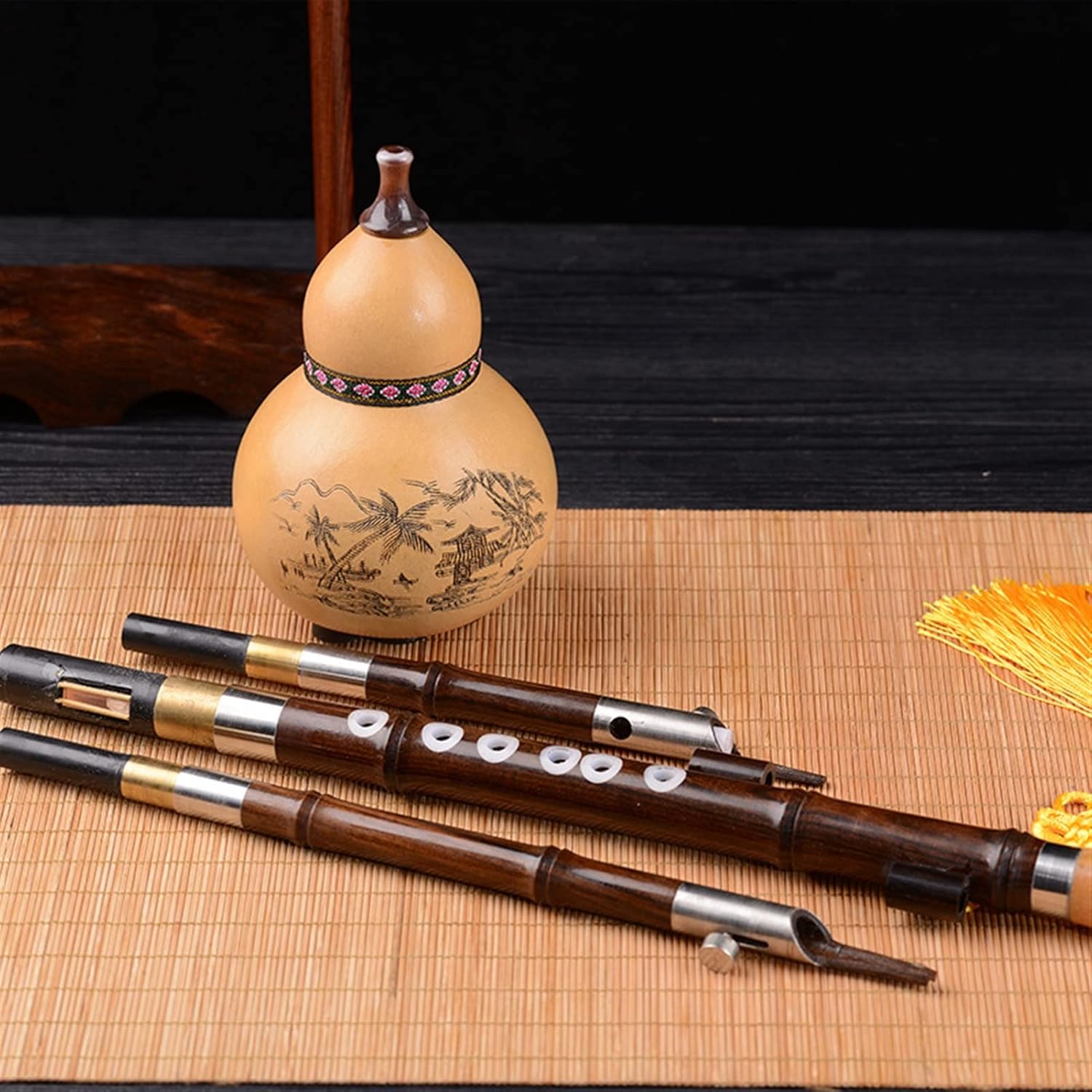 FLFL Hulusi Musical Instrument Cucurbit Silk Ebony Wood with Bamboo Push-Pull Rod Cucurbit Silk (Color : Bb)