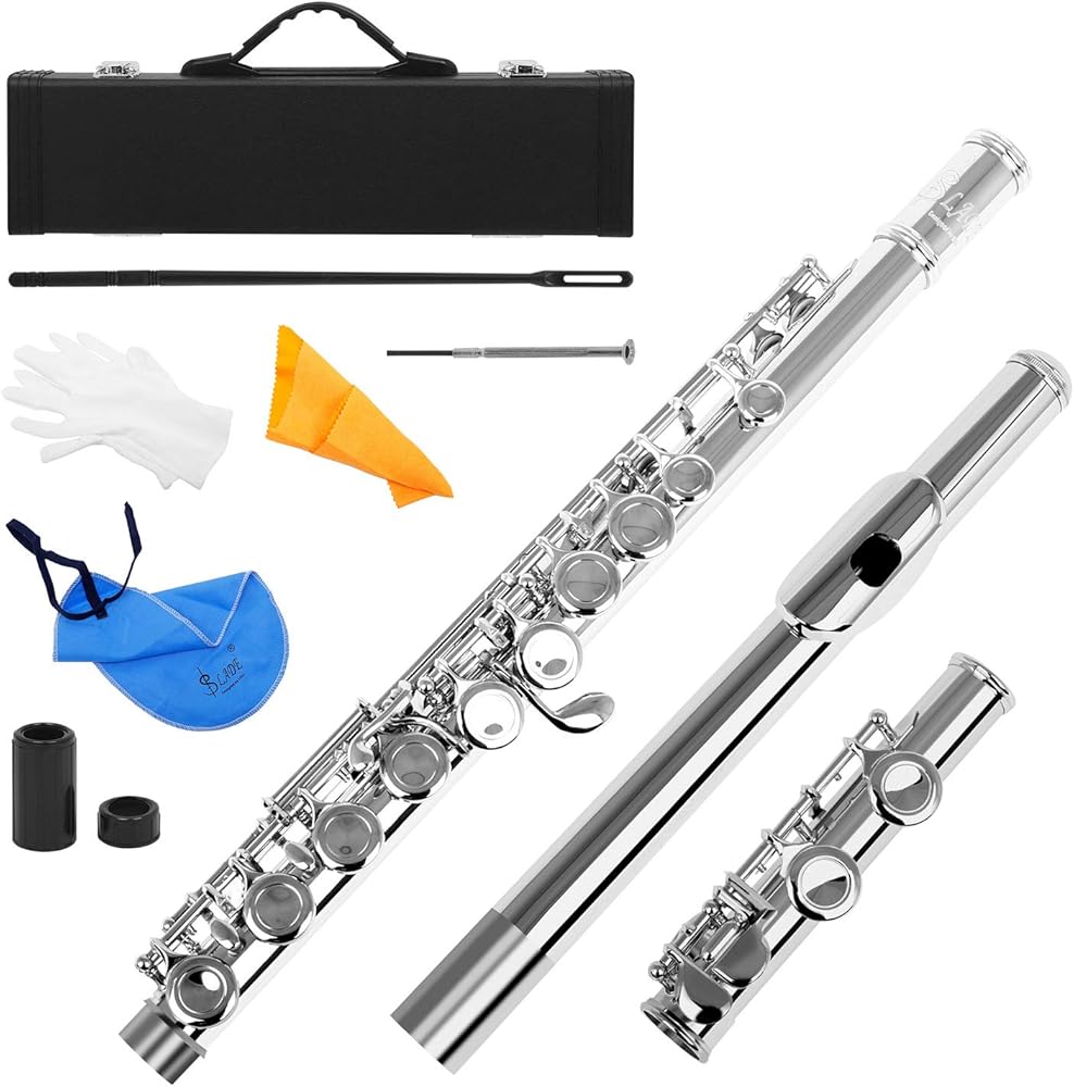 Flute Cupronickel Nicke Plated 16 Holes C Key Woodwind Instrument with Cleaning Cloth Stick Gloves Mini Screwdriver Padded Case