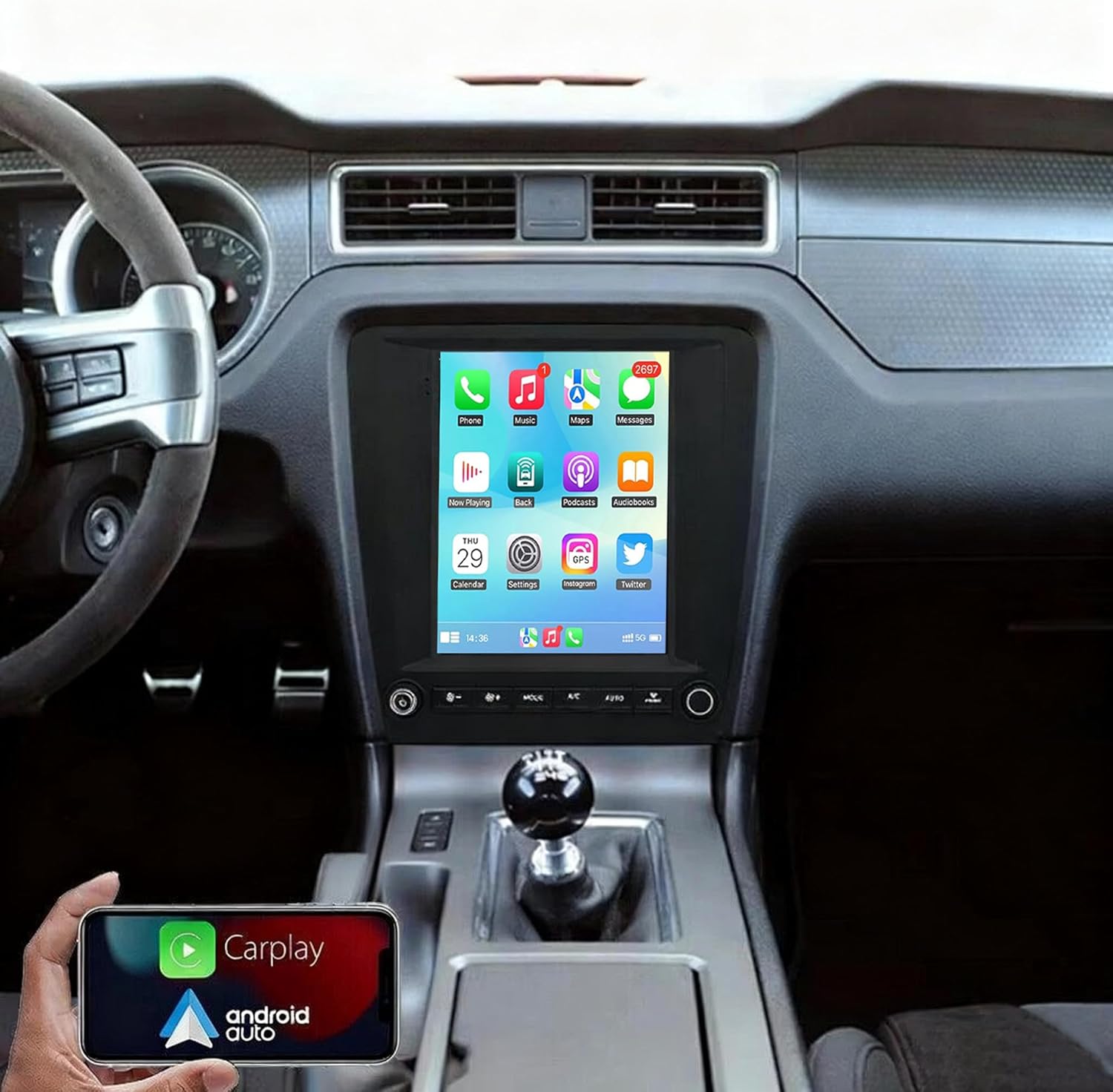 4+64G Android 15 Car Stereo for Ford Mustang 2010 2011 2012 2013 2014 Car Radio for CarPlay Wireless Android Auto 9.7in Touch Screen w/GPS WiFi Bluetooth FM RDS SWC Mirror Link Backup Camera