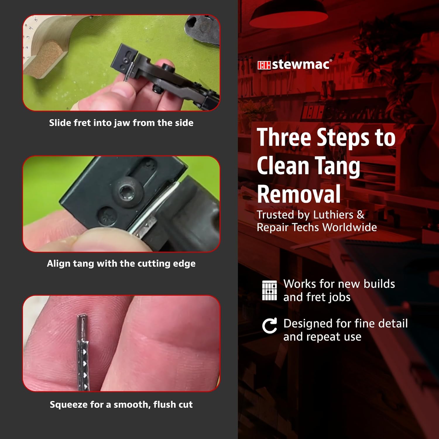 StewMac Deluxe Fret Tang Nipper 2257 for Guitar and Bass – For Bound and Unbound Fingerboards – Adjustable Depth Stop and Interchangeable Inserts