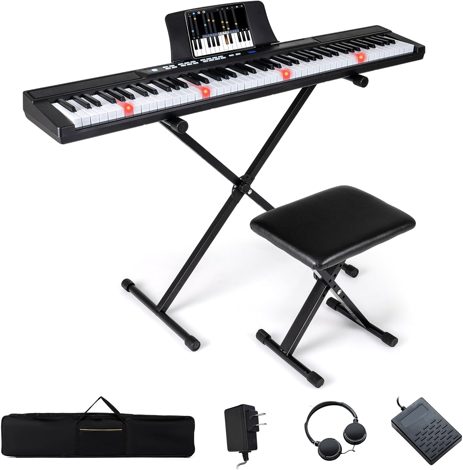 Costzon 88 Key Piano Keyboard, Electric Digital Piano with Stand, Lighted Full Size Sensitive Keys, Headphones, MIDI, Sustain Pedal, Bench, Carrying Case, Portable Keyboard Piano for Beginners (Black)