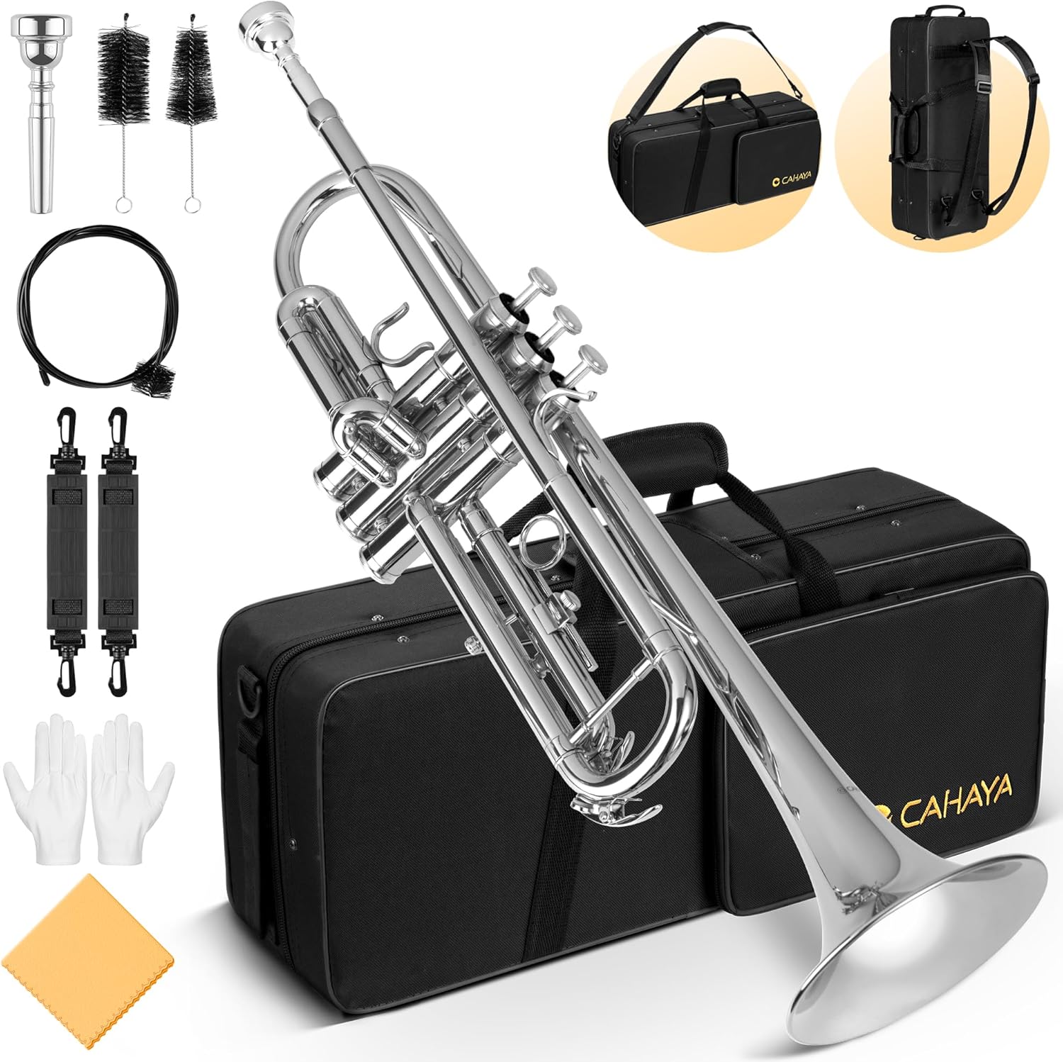 CAHAYA Bb Trumpet Instrument Trompeta: Nickel Student Trumpet with Hard Case 7C Mouthpiece Gloves Standard Trumpets for Beginners or Advanced Students Silver