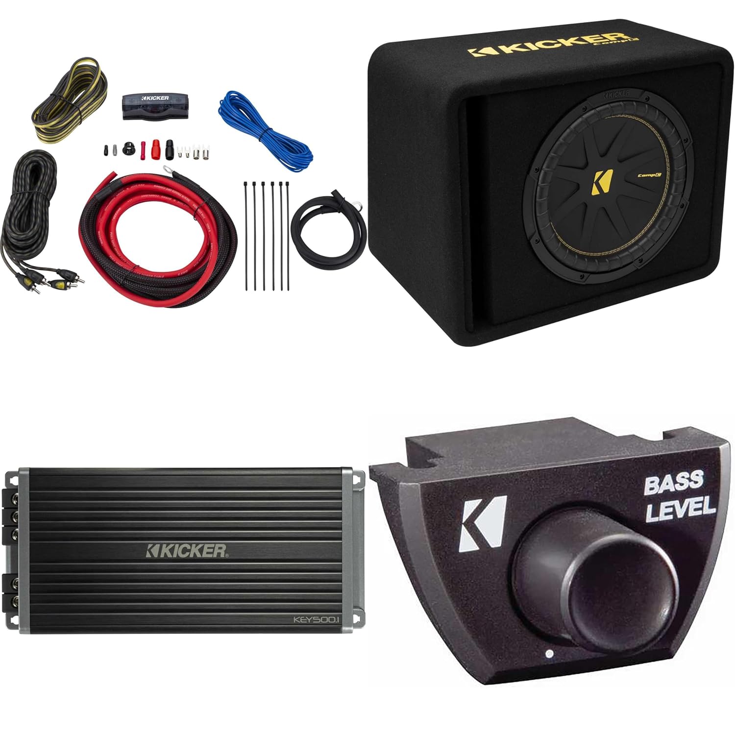 Kicker 12 Inch Comp Bass Package 50VCWC122 with 47KEY500.1, Bass Knob and 47VK6 amp Wire kit