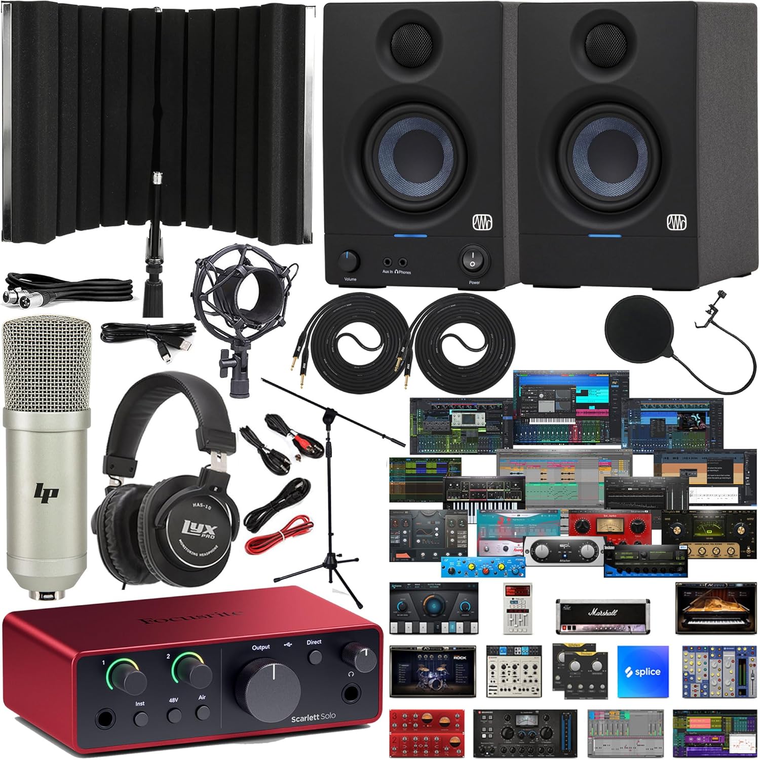Scarlett Solo 4th Gen Home Recording Studio Bundle with PreSonus Eris E3.5 Monitors Condenser Microphone Isolation Shield Headphones Stands Cables and Music Production Software