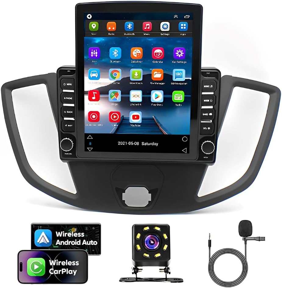 4+64G 9.7 inch Car Radio Stereo for Ford Transit Custom 2013-2019, 1080P Double Din Touch Screen Car Audio Receiver with w/carplay Andriod 14 Auto, w/Bluetooth, GPS, SWC, WiFi, AHD Backup Camera