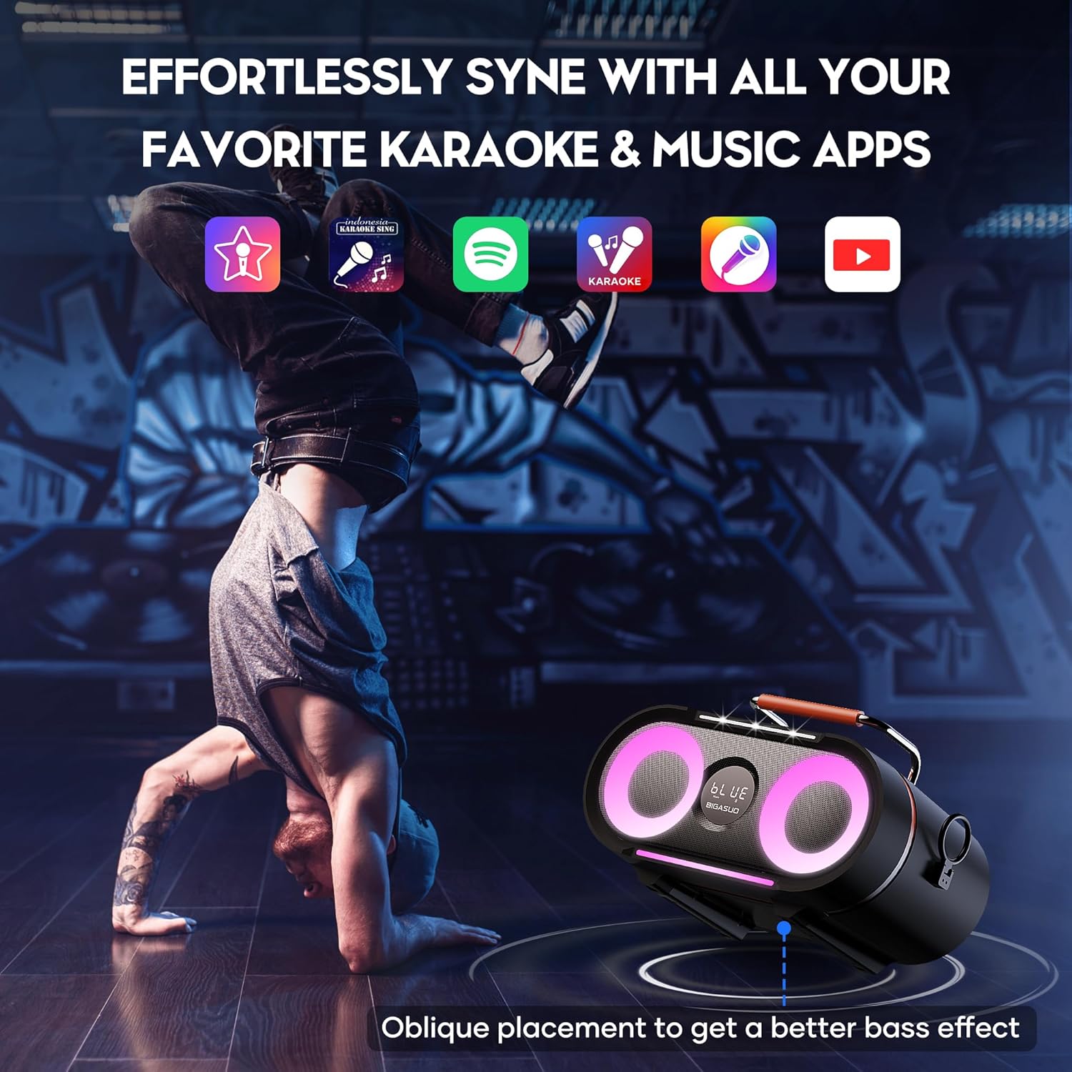 BIGASUO Karaoke Machine with Rich Deep Bass Explosive Flashing Lights for Adults Portable Bluetooth Singing PA Speaker System with 2 UHF Wireless Microphones for Home Party Wedding Outdoor