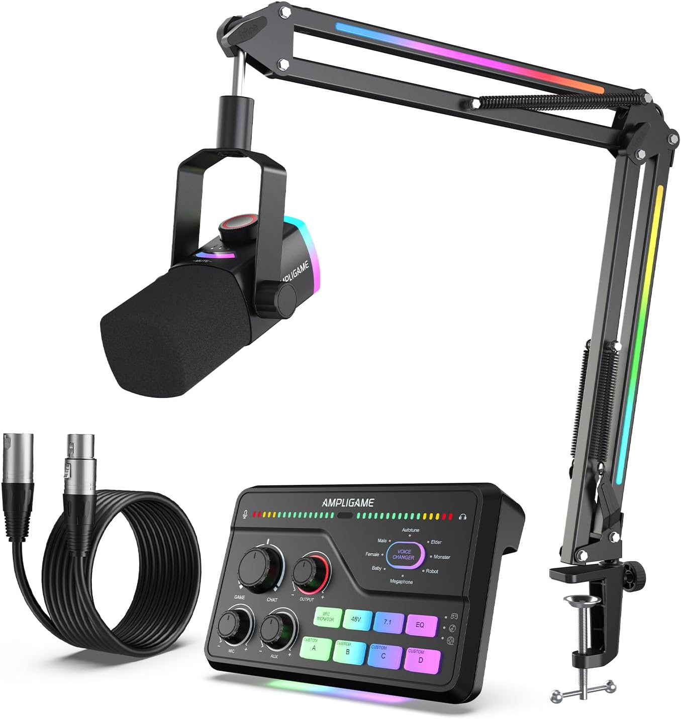 FIFINE Gaming Dynamic Mic Bundle: XLR/USB Mic Kit with RGB Boom Arm,3 EQ Audio Mixer with Voice Changer and 10ft XLR Cable for Streaming/Podcast/Game Voice (AM8PROT+SC8+L9)