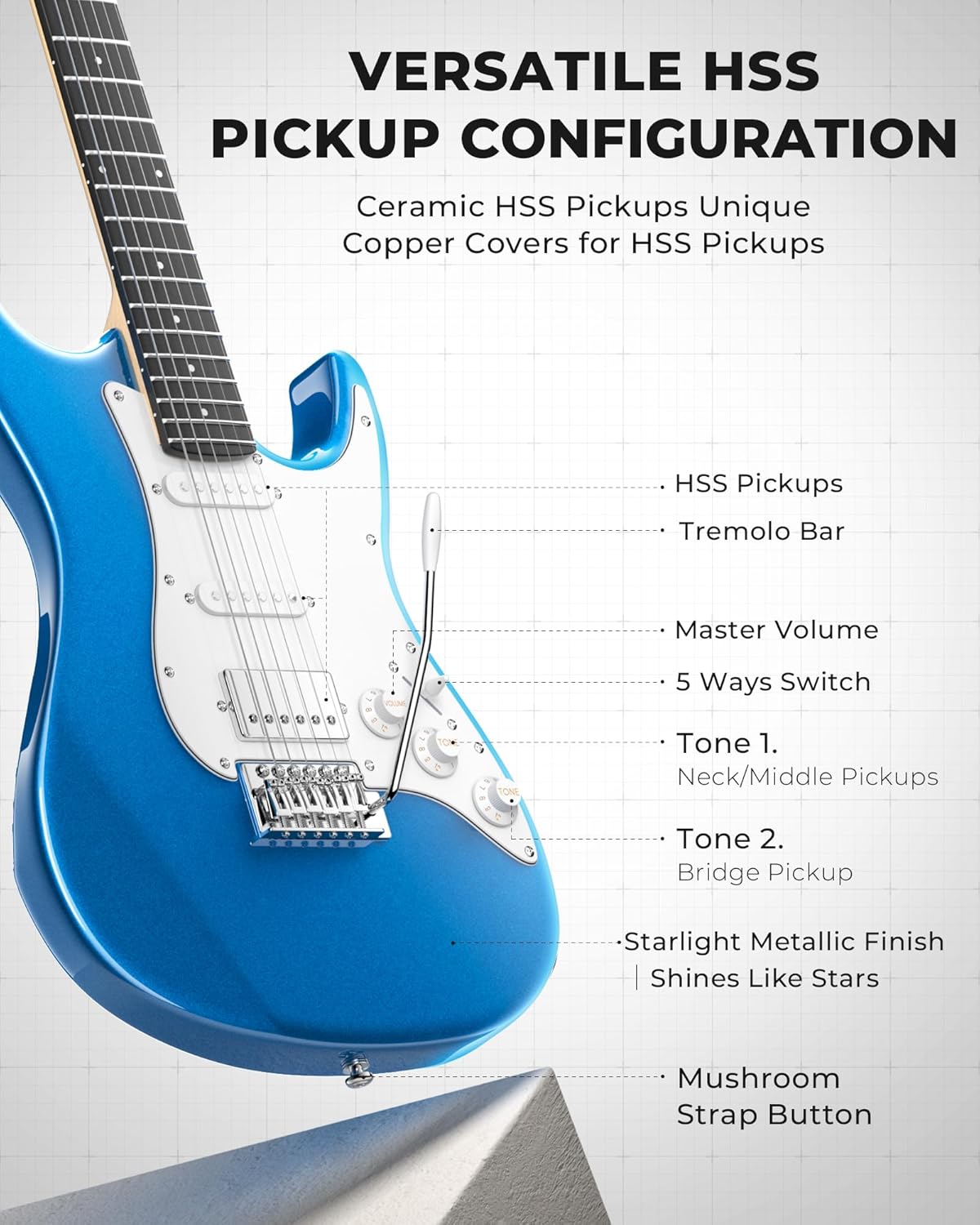 Fesley 39 Inch Electric Guitar: Beginner Electric Guitar Kit with HSS Pickup, Full Size Solid Body Guitar Starter Set with Amplifier, Bag, Strap, String, Cable, Picks, FST100, Blue