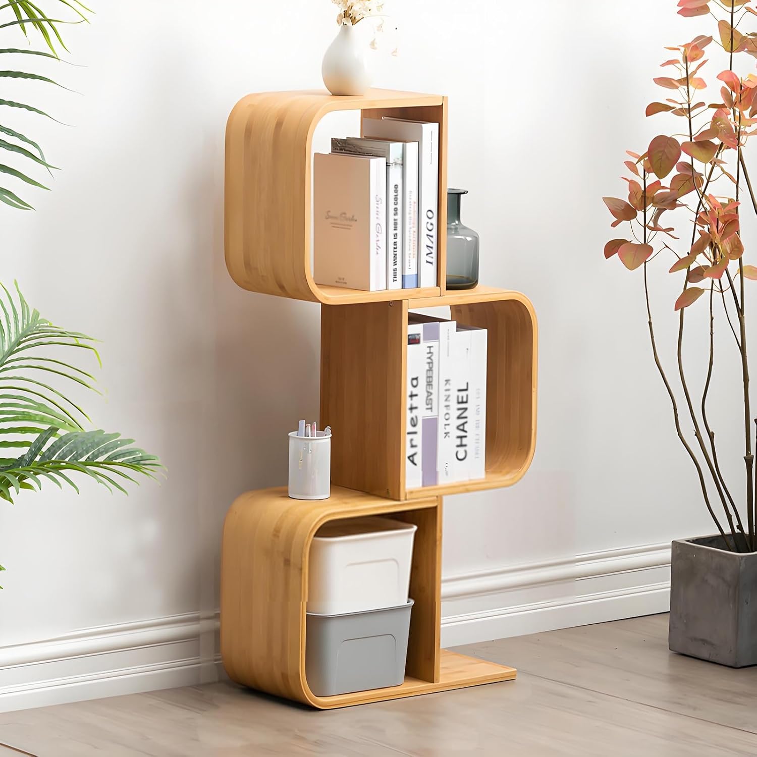 Bamboo Bookshelf with Open Cubes, Geometric Corner Bookcase, Decorative Storage Organizer, Floor Storage Display Shelf Rack for Living Room, Home Office(99cm/39in)