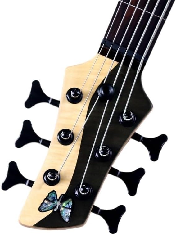 Fretless 6-String Electric Bass Guitar, 43-Inch High Gloss White Maple with Black Flame Maple, Solid Mahogany Body