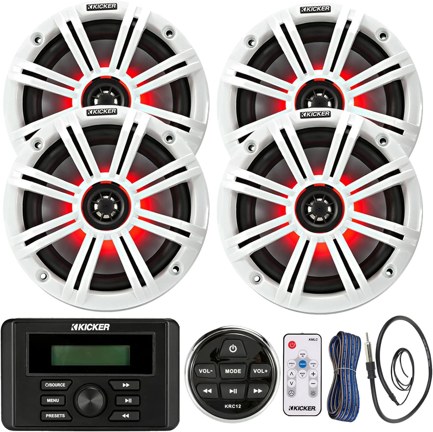 Kicker Marine Bluetooth USB RCA Stereo Receiver w/Remote Bundle with (QTY 4) 6.5