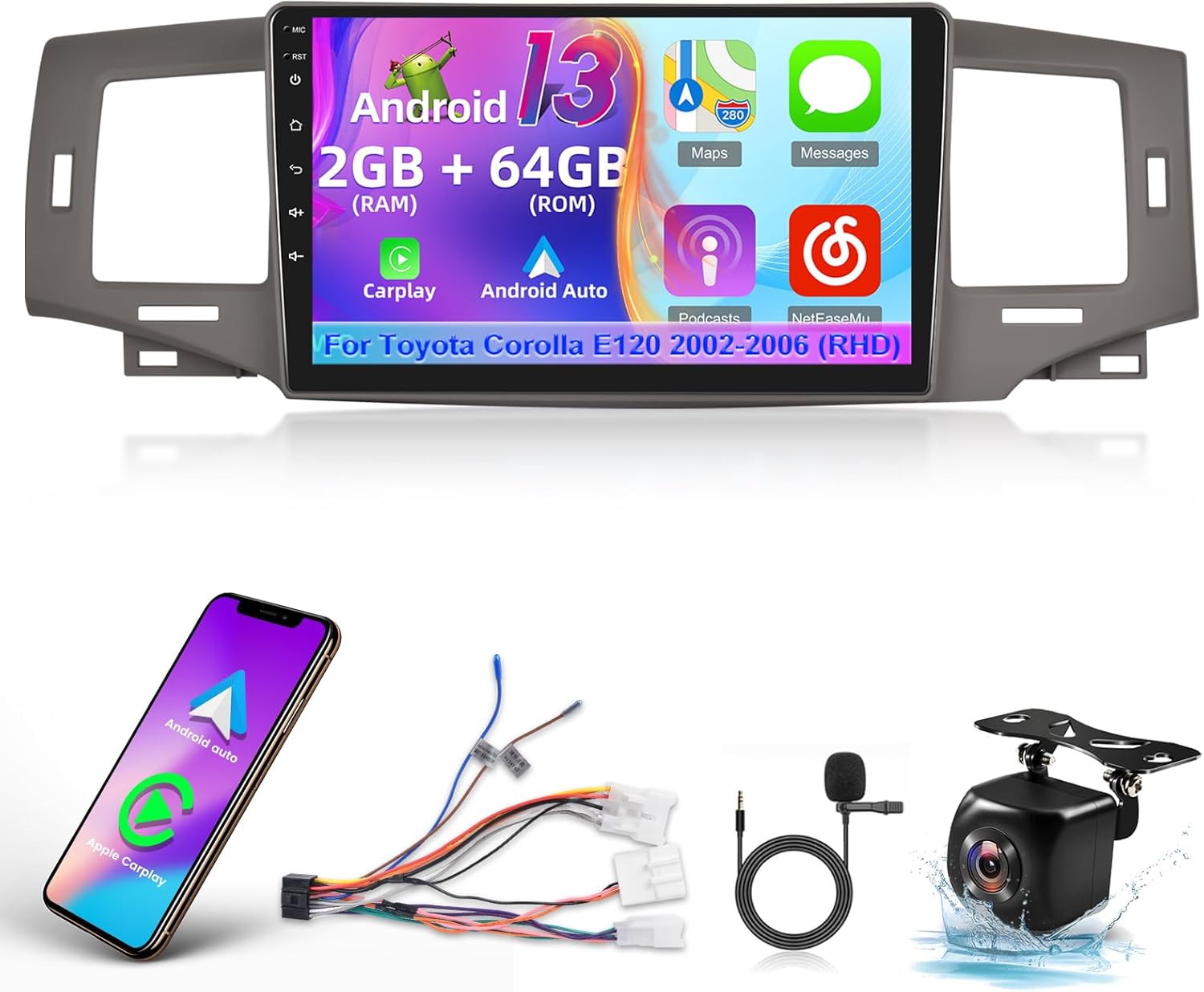 [2G+64G] Car Radio for Toyota Corolla E120 2002-2006 (RHD) - 9 inch Android 13 Touch Screen Stereo - Wireless Carplay & Android Auto, EQ Audio, Wi-Fi, GPS, Mirror Link, SWC + AHD Backup Camera