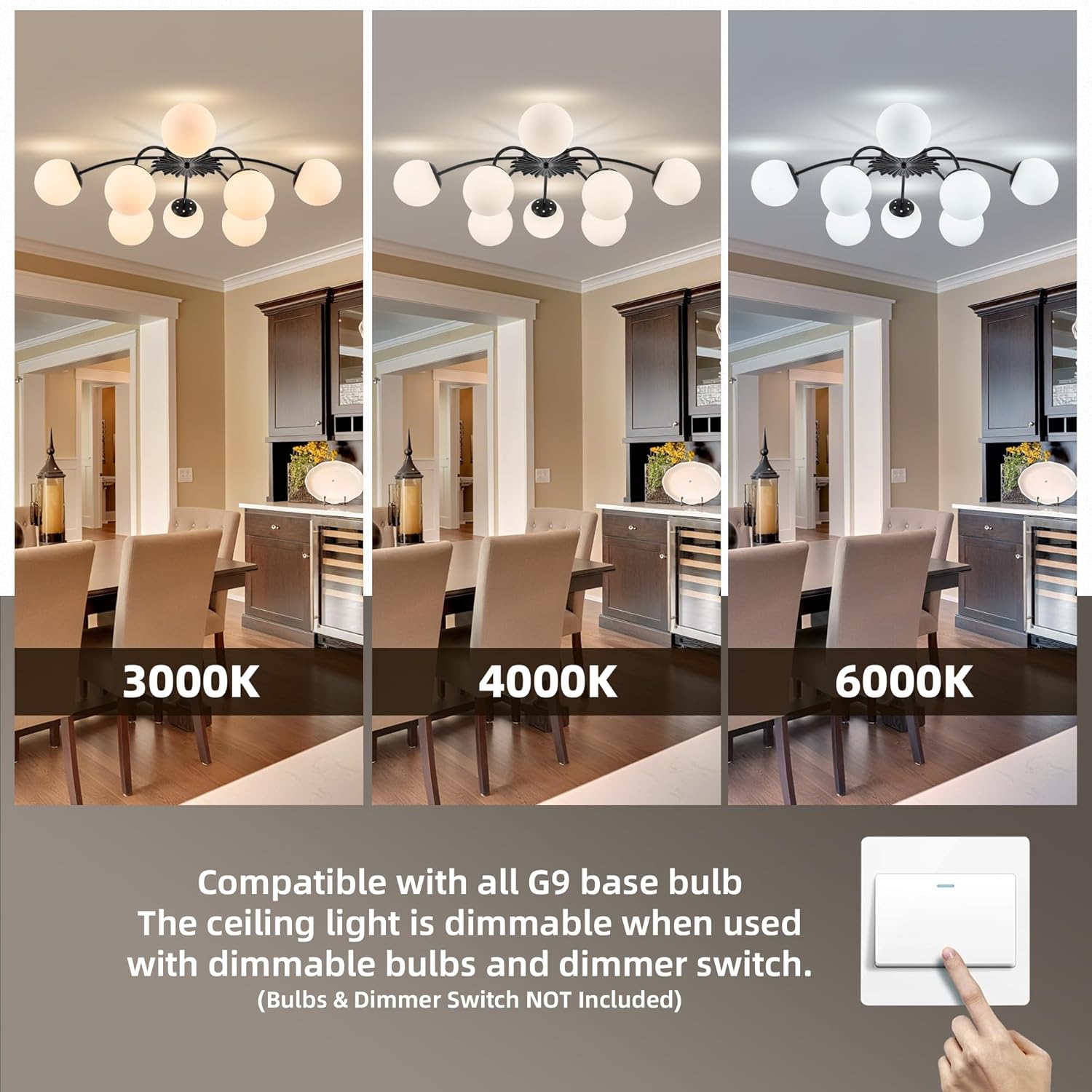 8-Light Mid Century Sputnik Semi Flush Mount Ceiling Lights Black, 32.9 in. Milk Glass Globe Light Blossom Accent Glass Bubble Chandeliers Light Fixture for Dining Bedroom Living Entry