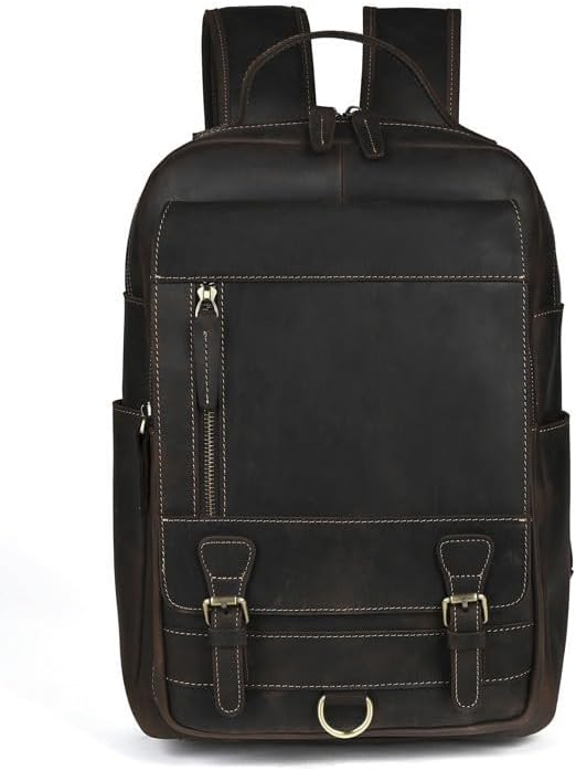Vintage Genuine Leather Backpack for Men Travel Hiking Rucksack Leather Backpack Fits Laptop with Gift Box (Dark Brown)