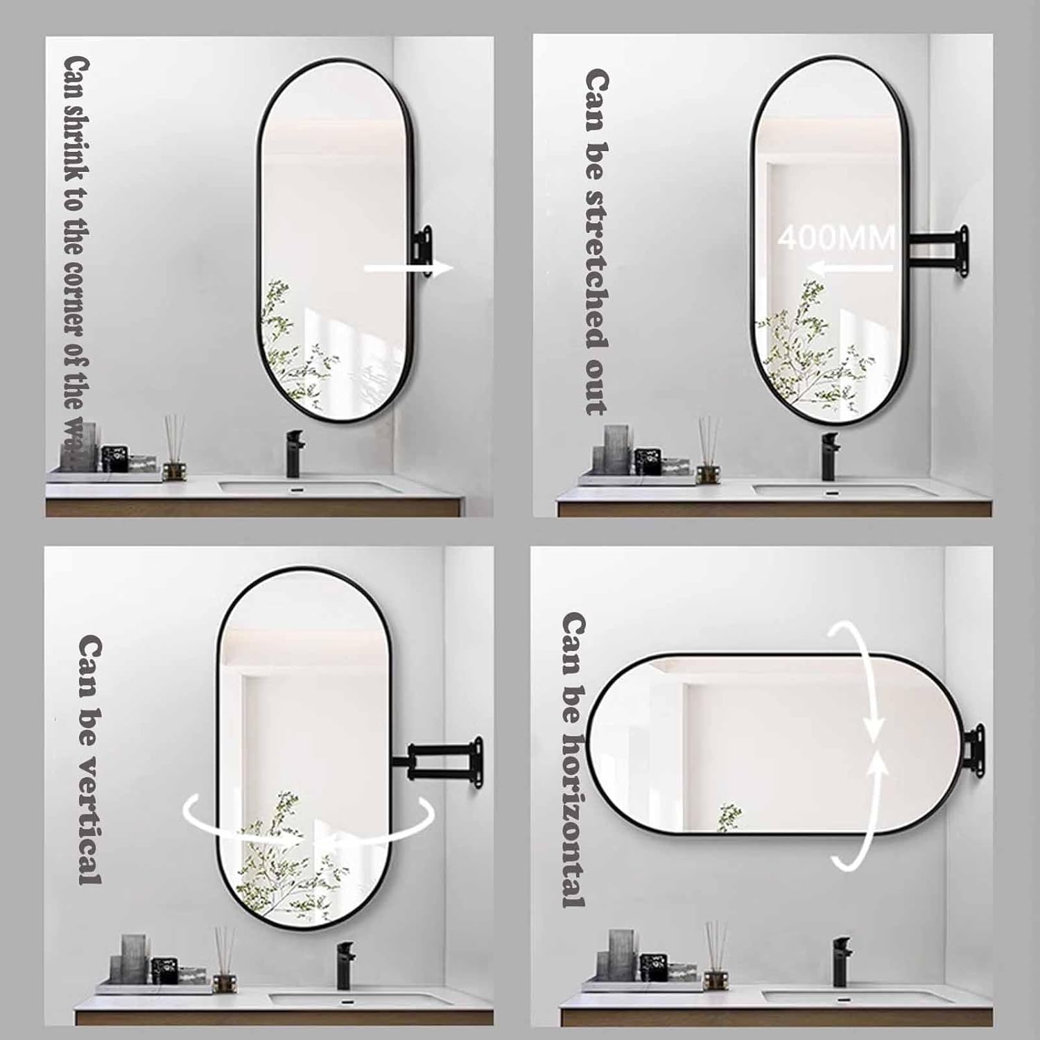 Swivel Corner Bathroom Mirror,Corner Vanity Mirror,Adjustable Arm Aluminum Frame Oval Wall Mount, for Makeup & Vanity, Shatterproof Tempered Glass,Black, 32X20 in