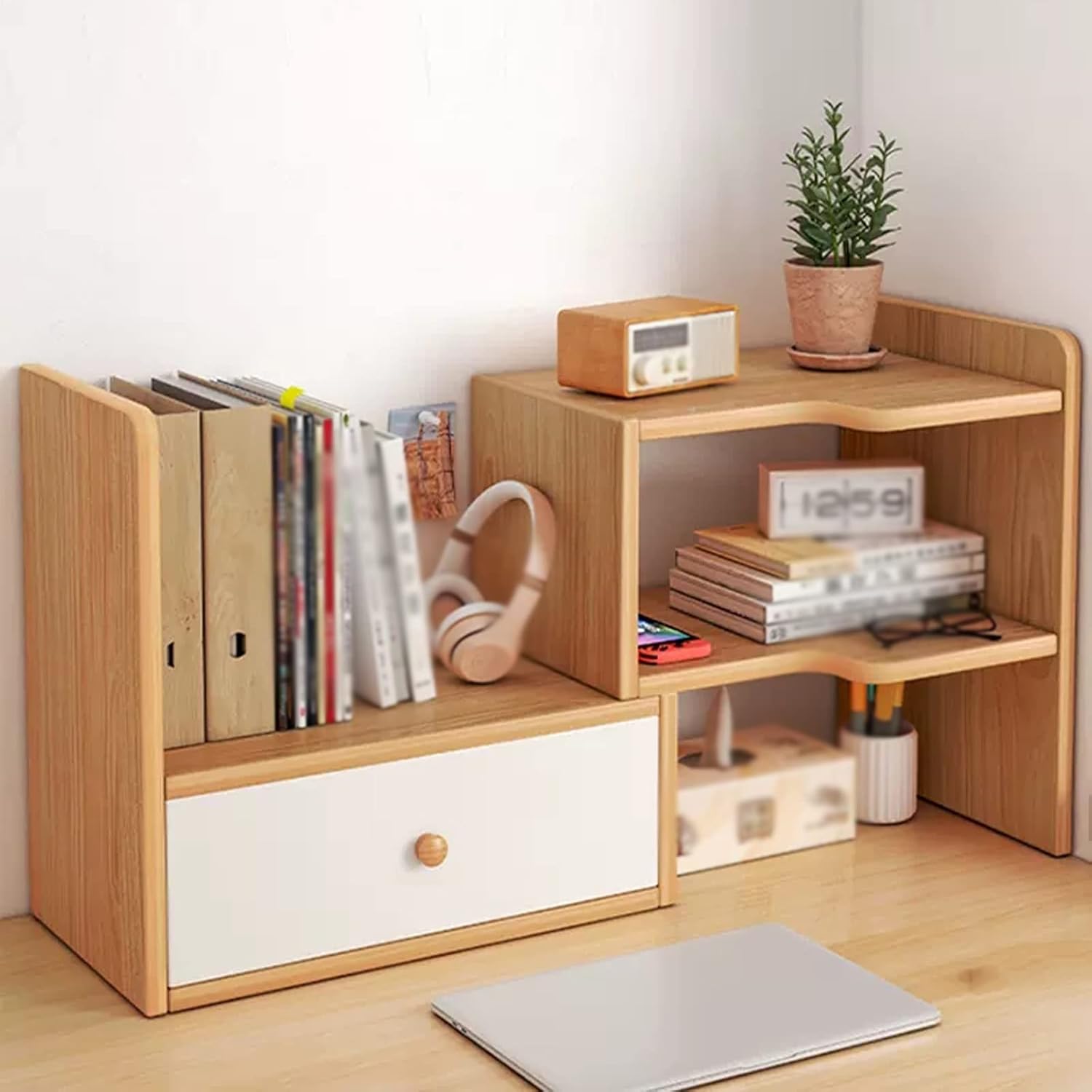 Bookshelf Wooden Bookshelves 2 Layers Corner Wood Desktop Bookshelf Adjustable Desktop Storage Organizer Display Shelf Rack with 1 Drawers Freestanding Small Bookshelf Desk Supplies Organizers（Log Col