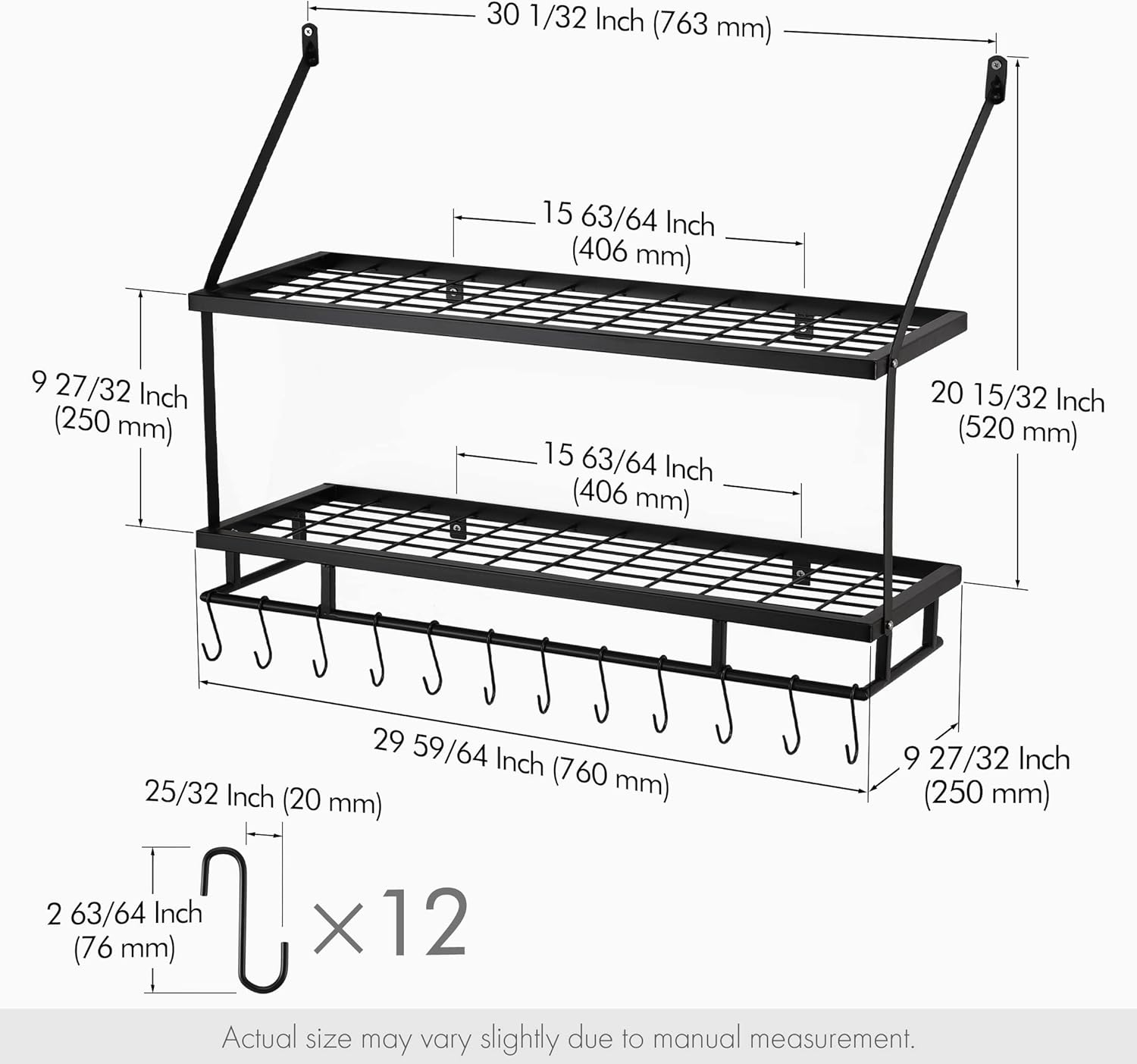 KES 24 Inch Kitchen Wall Mount Pot Pan Rack Wall Shelf and 30-Inch 2-Tier Kitchen Pot Rack with 12 Hooks Matte Black, KUR215S60-BK+KUR215S75B-BK