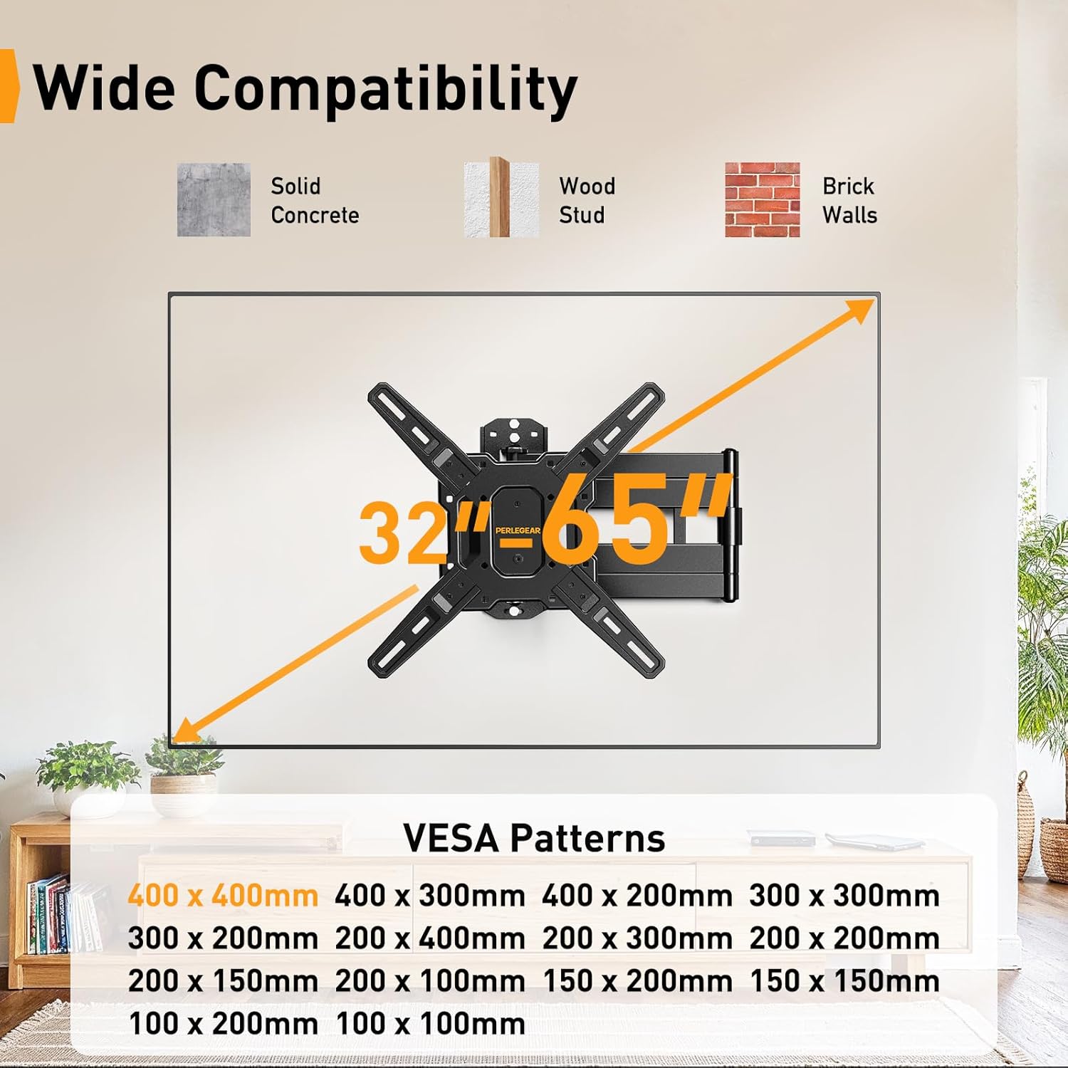 Perlegear Long Arm TV Wall Mount for 32-65″ TVs, 37.4” Long Extension Corner TV Mount, Max VESA 400x400mm, Articulating Arms Full Motion Wall Mount Bracket with Swivel and Tilt, Holds up to 110 lbs
