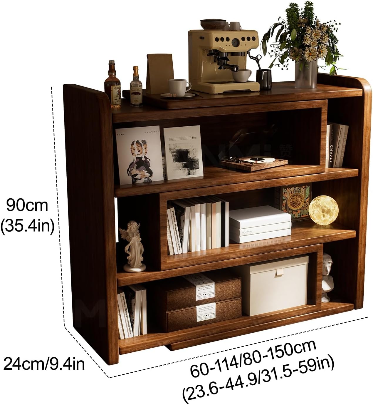 Expandable Convertible Bookcase with Adjustable Width, Storage Organizer Bookshelf Decorative Display Shelf for Office Bedroom Living Room(60-114cm/23.6-44.9in)