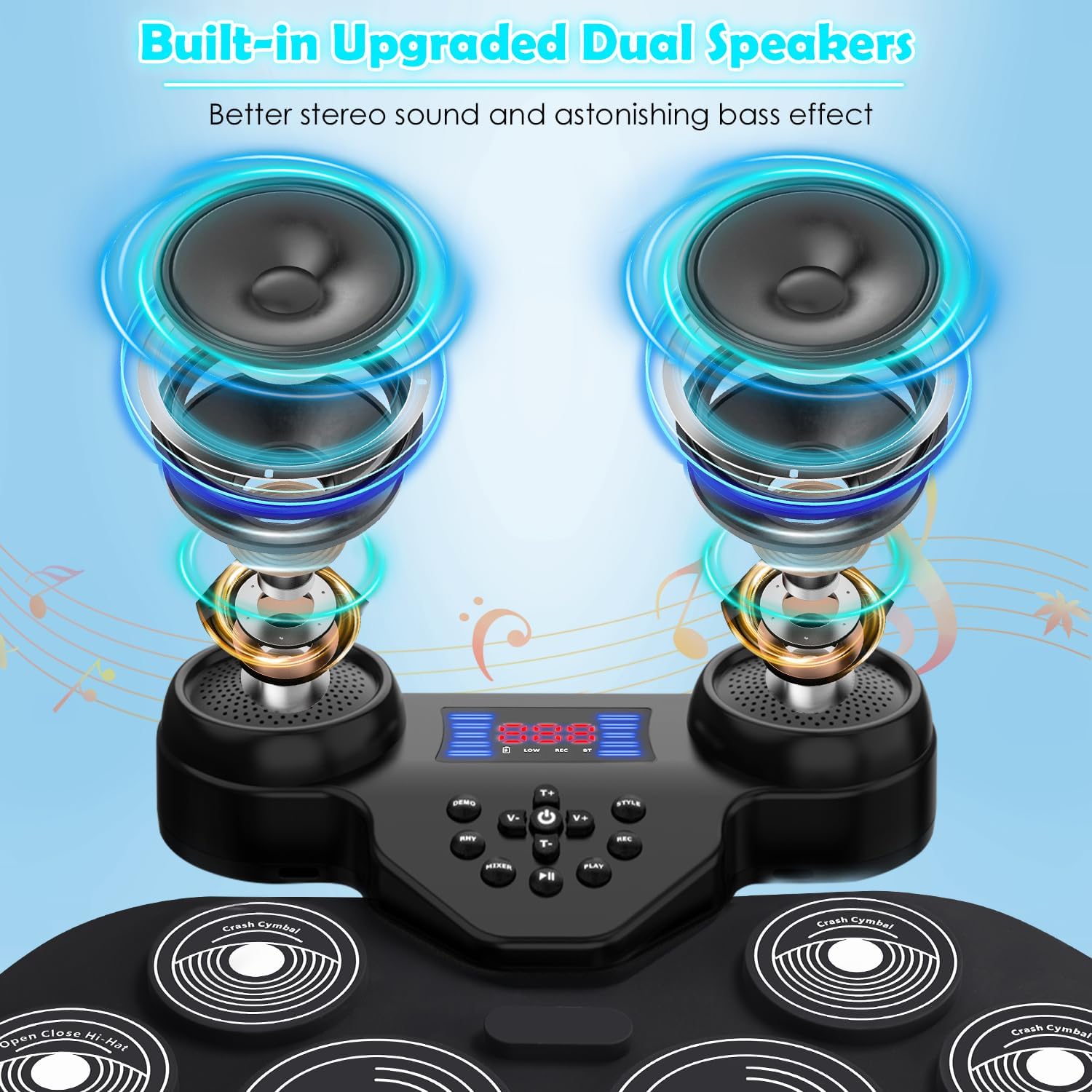 Electric Drum Set with 7-Color Dynamic LED Lights, 9-Pad Electronic Drum Set with Dual Speakers, Bluetooth MIDI, Portable Practice Drum Pad for Kids & Adult Beginners, Christmas Birthday Gift