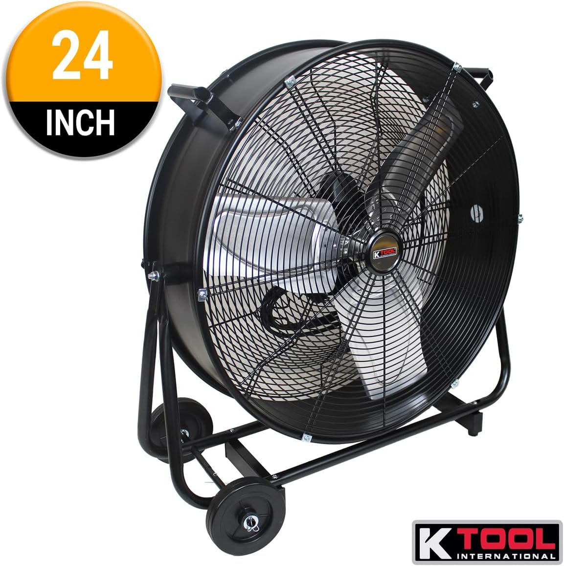 K Tool International 77741 24” Belt Drive Drum Fan with Wheels, High-velocity, 2-Speed, Cut-off Protection, 7850 Max CFM, cUL listed, Used in Warehouses, Shops, Greenhouses, Barns, Gyms, Black