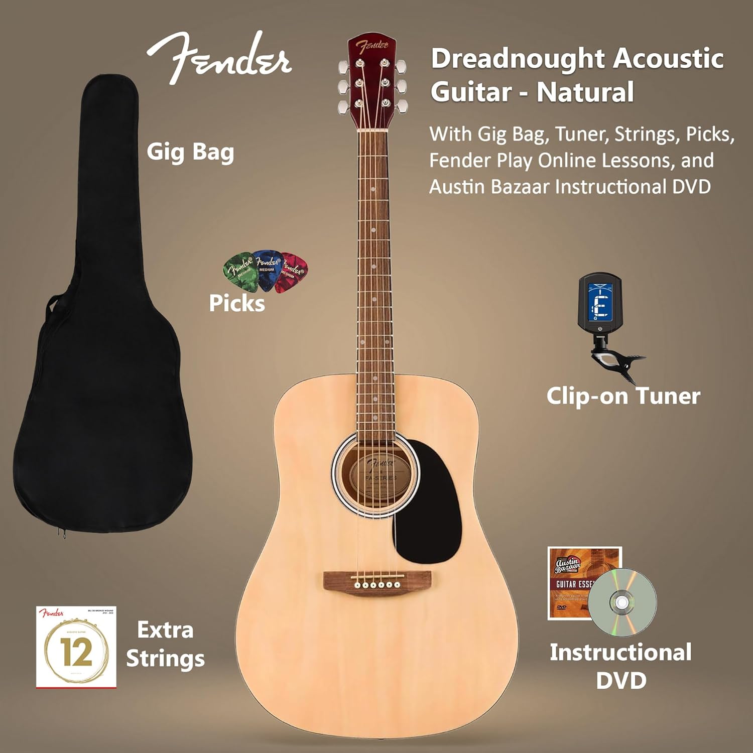 Fender Dreadnought Acoustic Guitar - Natural Bundle with Gig Bag, Tuner, Strings, Picks, and Austin Bazaar Instructional DVD