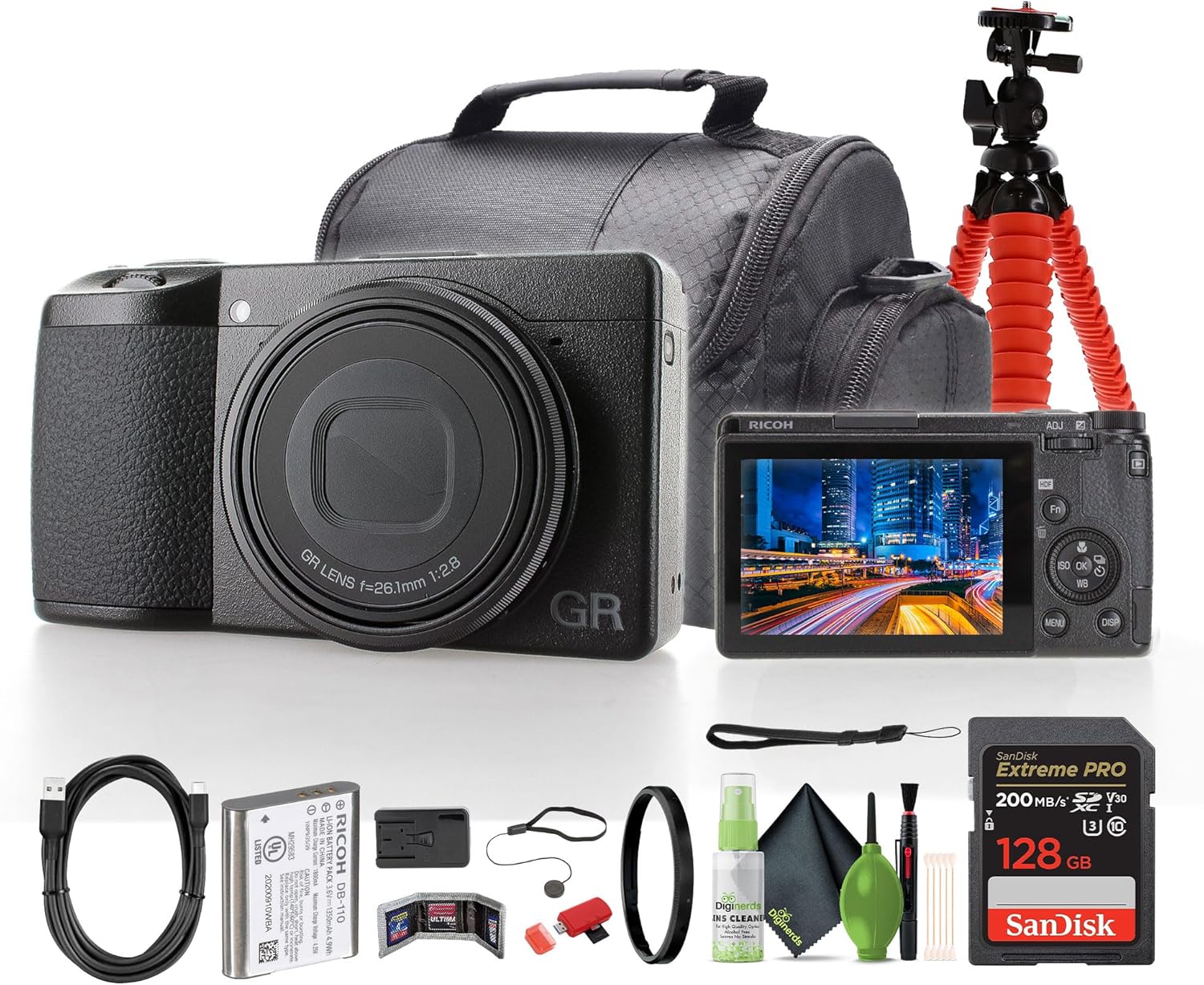 Ricoh GR IIIx HDF Compact Portable Digital Camera (01283) + 64GB Memory Card + Camera Bag + Flexible Tripod + Cleaning Kit + Card Wallet + Card Reader + Lens Cap
