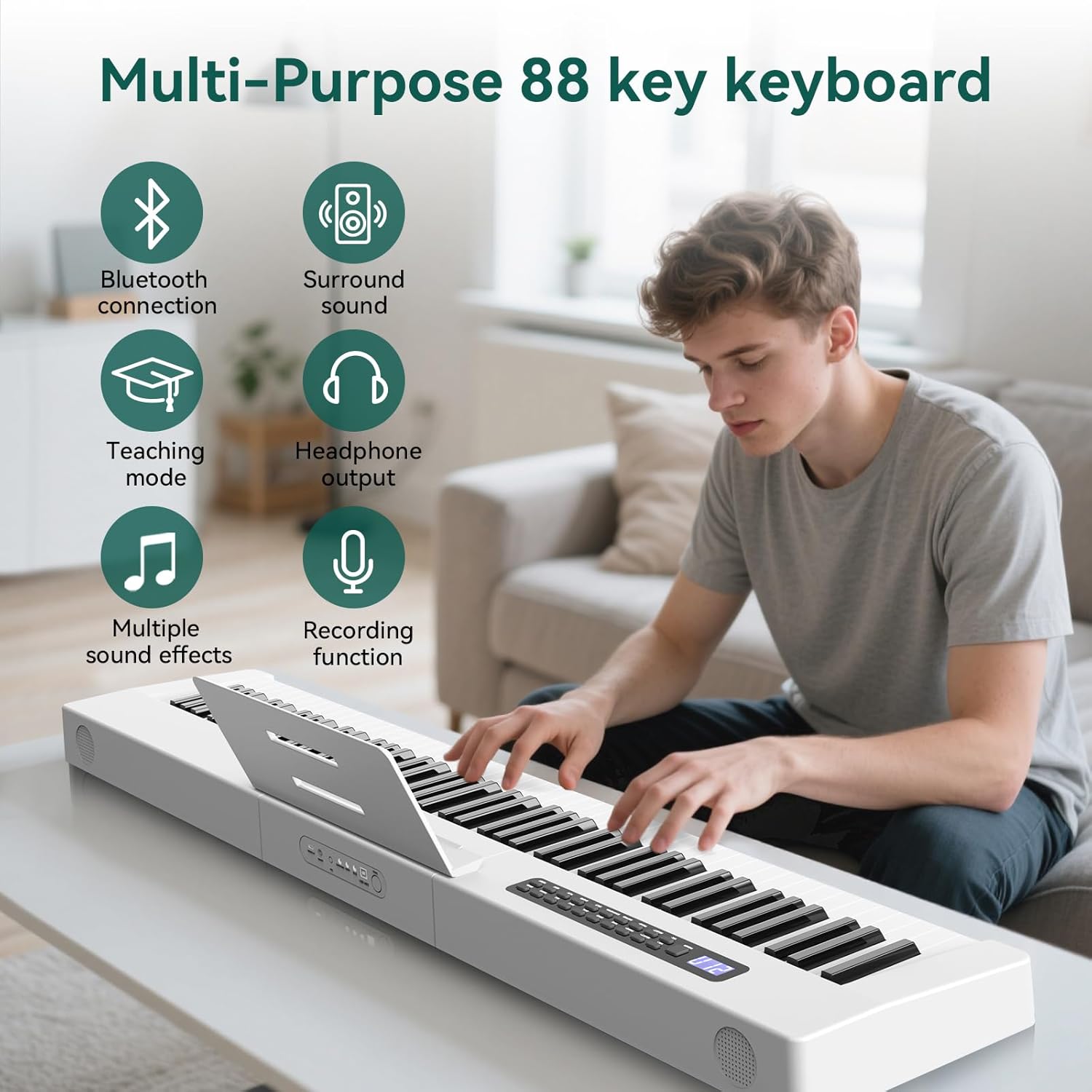 Rosen P21 Semi-Weighted Keyboard 88 Keys Beginner Digital Piano, Portable Electric Piano with Sustain Pedal and Power Supply,White