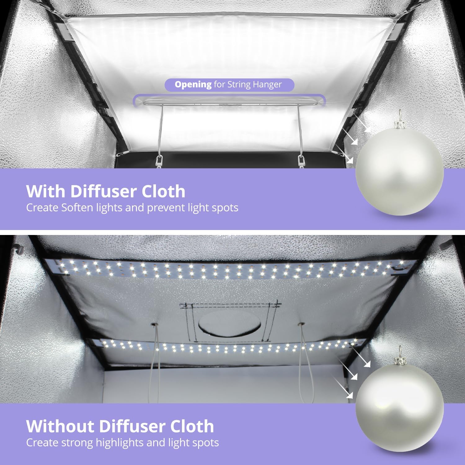 LimoStudio 24 x 24 inch (New Model) LED Light Box Photo Shooting Tents, 120 LED > 4000 Lumen, CRI > 95, Elastic Ceiling String Clip for Hanging Object, Transparent Clay for Object Position, AGG1071